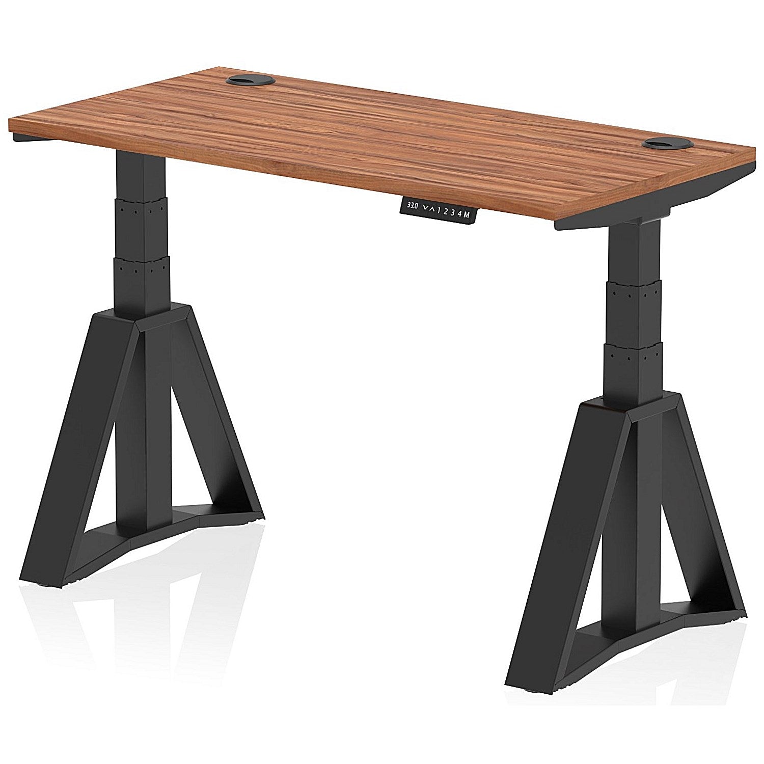 Air 1200mm Slim Height Adjustable Cable Ports Desk, Black Leg with Piste Foot, Walnut Easy2Order : HA03389