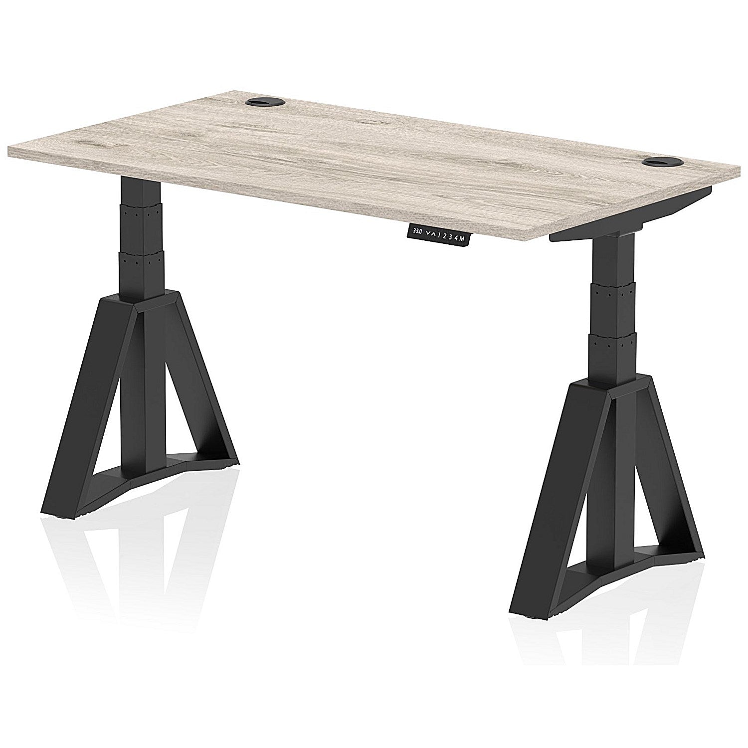 Air 1400mm Height Adjustable Cable Port Desk, Black Leg with Piste Foot, Grey Oak Easy2Order : HA03410