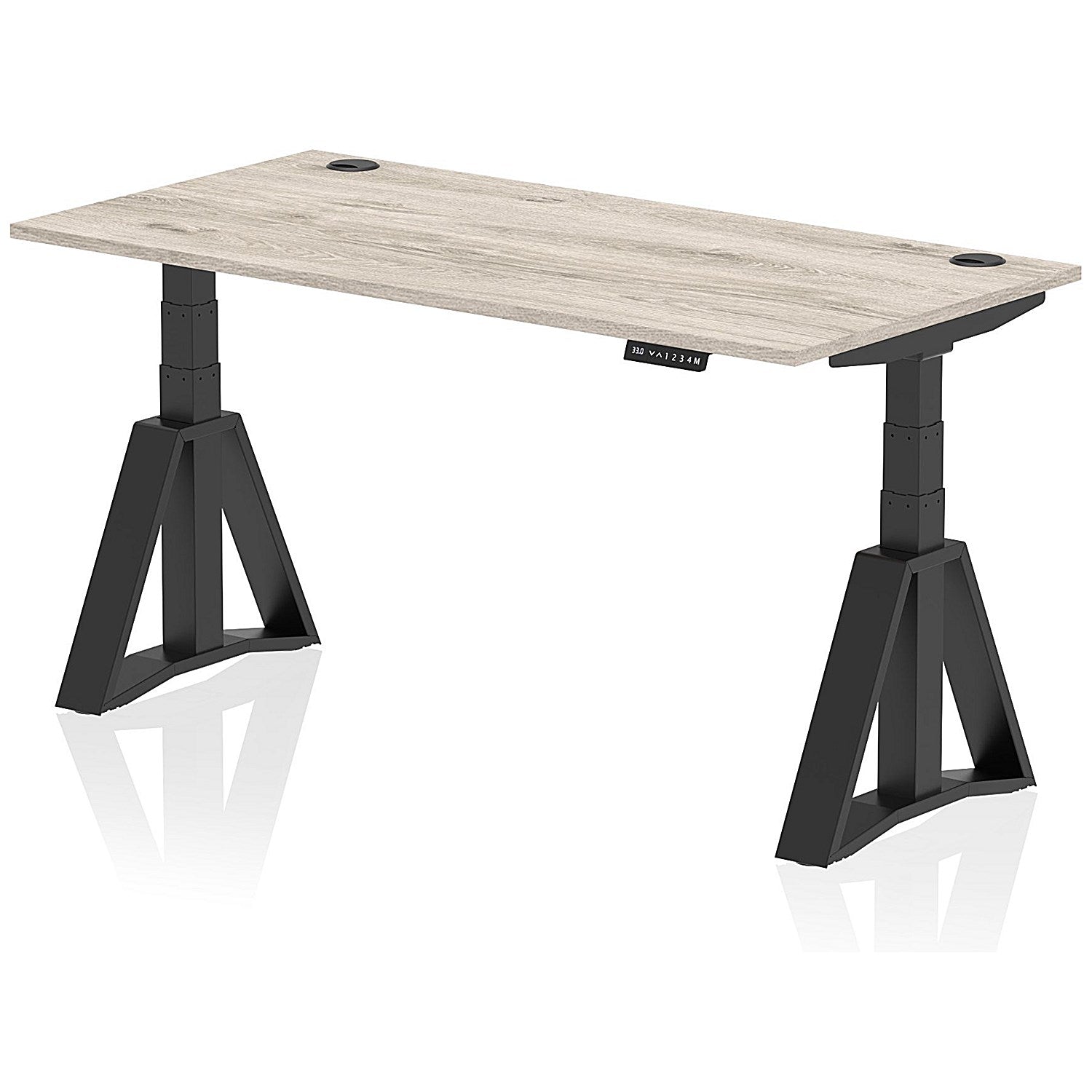 Air 1600mm Height Adjustable Cable Ports Desk, Black Leg with Piste Foot, Grey Oak Easy2Order : HA03411