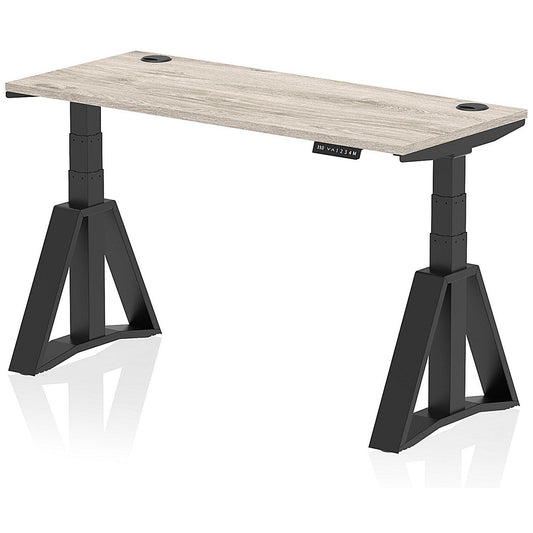 Air 1400mm Slim Height Adjustable Cable Ports Desk, Black Leg with Piste Foot, Grey Oak Easy2Order : HA03414