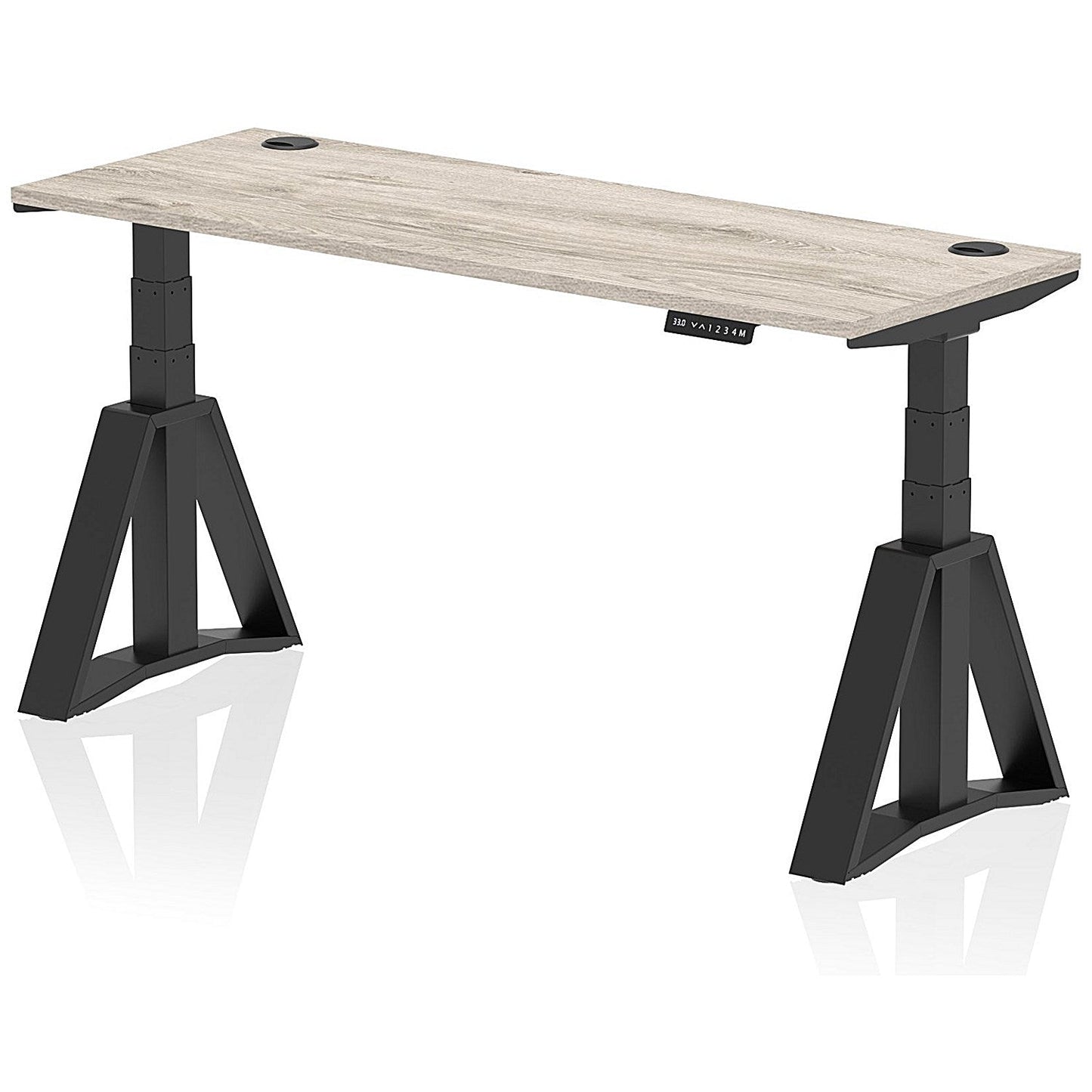 Air 1600mm Slim Height Adjustable Cable Ports Desk, Black Leg with Piste Foot, Grey Oak Easy2Order : HA03415