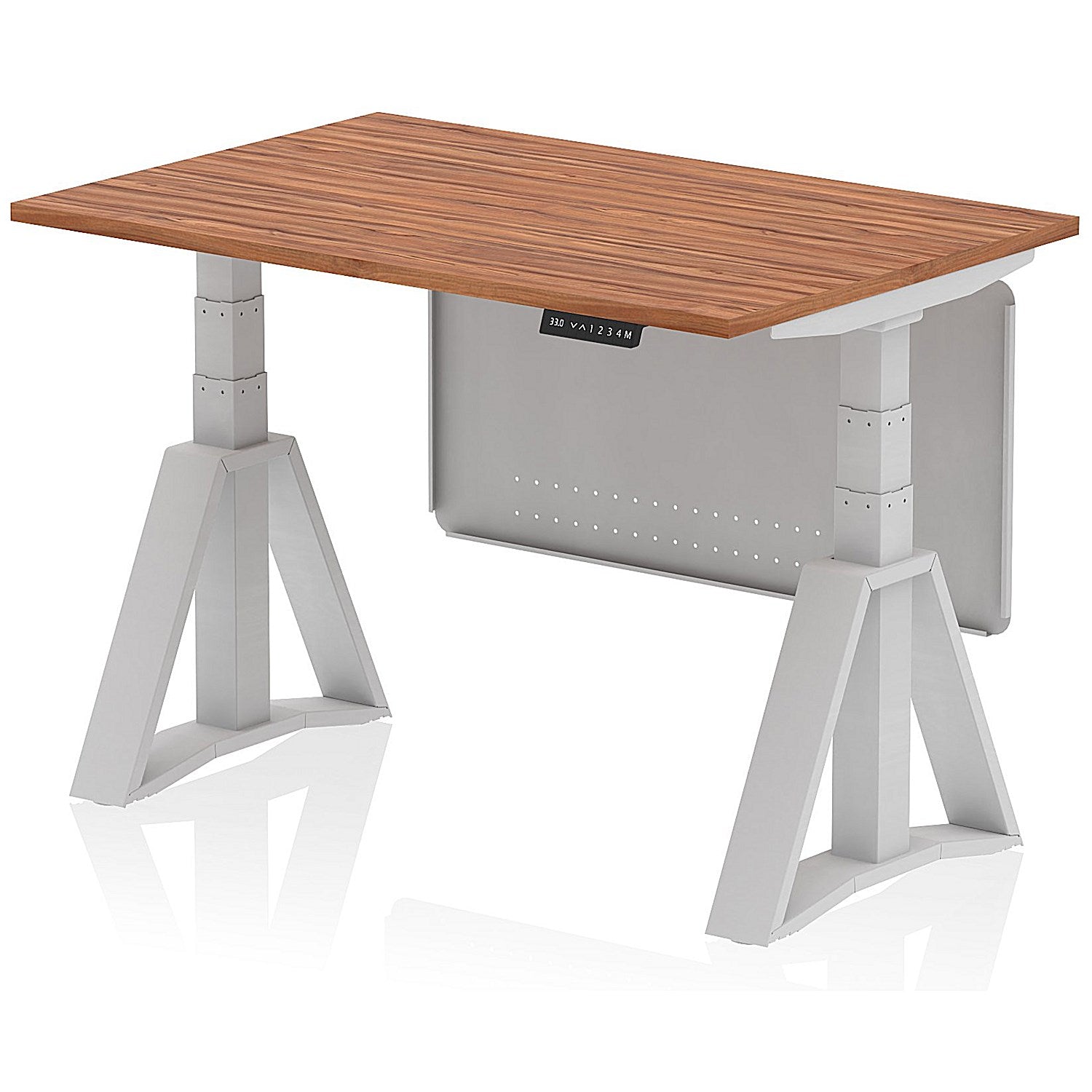 Air Modesty 1200mm Height Adjustable Desk, Silver Leg with Piste Foot and Modesty Panel, Walnut Easy2Order : HA03421