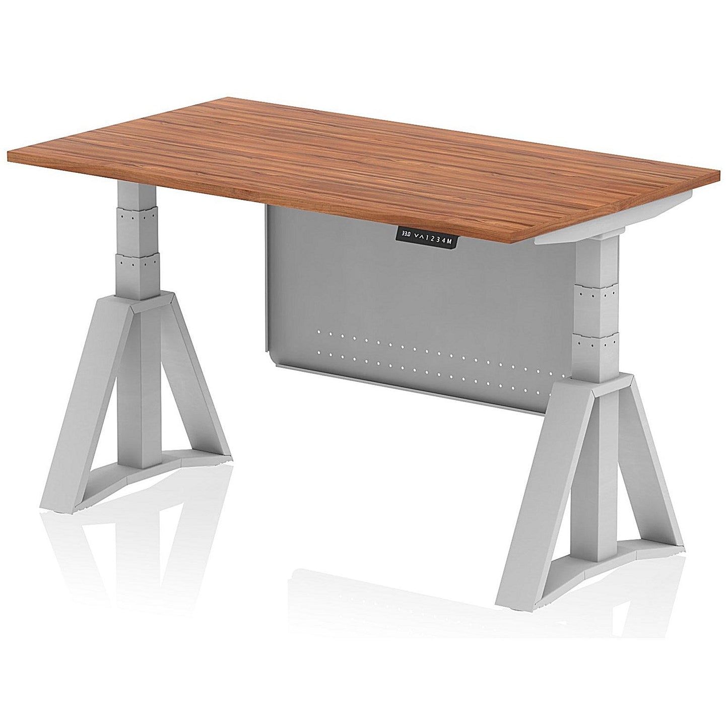 Air Modesty 1400mm Height Adjustable Desk, Silver Leg with Piste Foot and Modesty Panel, Walnut Easy2Order : HA03422