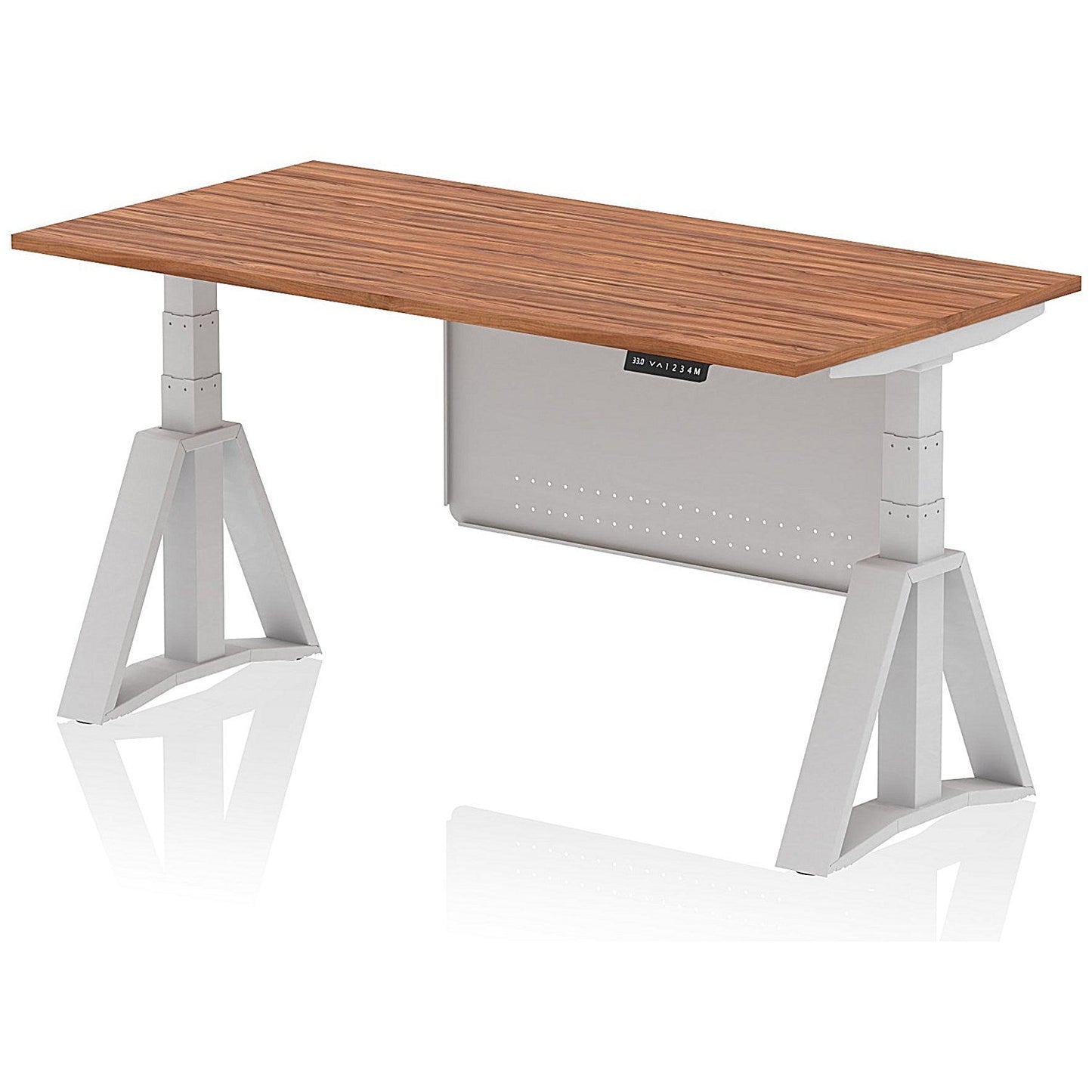 Air Modesty 1600mm Height Adjustable Desk, Silver Leg with Piste Foot and Modesty Panel, Walnut Easy2Order : HA03423