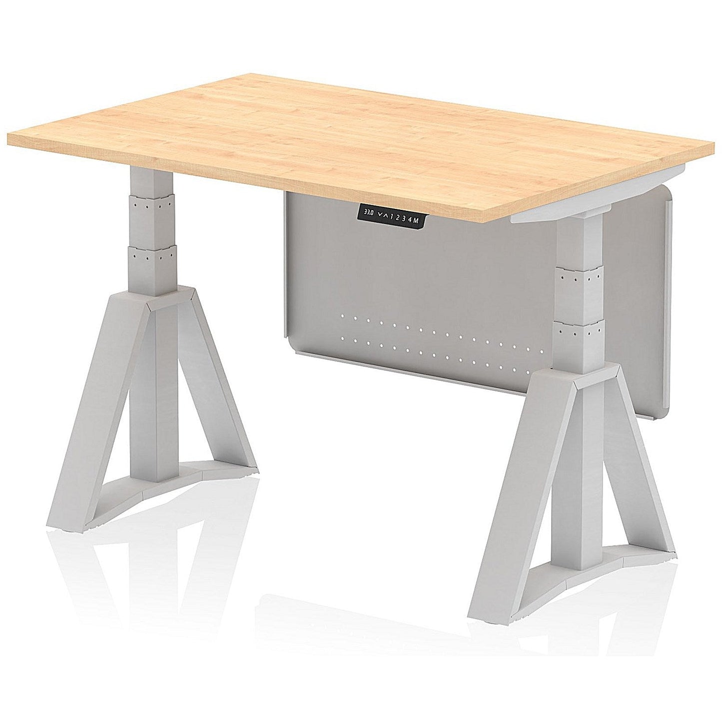Air Modesty 1200mm Height Adjustable Desk, Silver Leg with Piste Foot and Modesty Panel, Maple Easy2Order : HA03429