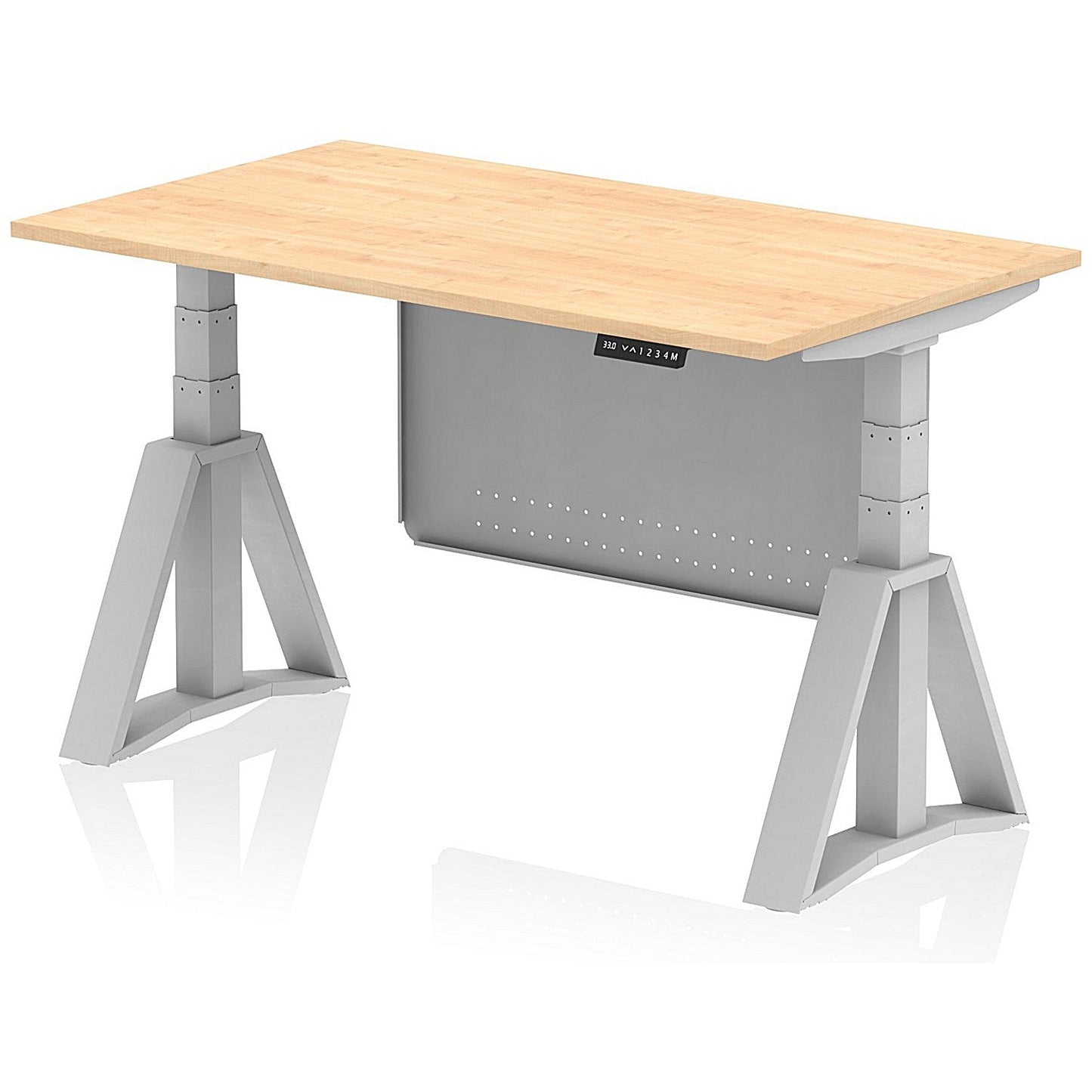 Air Modesty 1400mm Height Adjustable Desk, Silver Leg with Piste Foot and Modesty Panel, Maple Easy2Order : HA03430