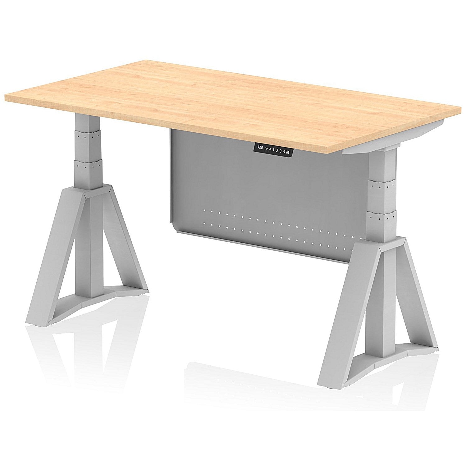 Air Modesty 1400mm Height Adjustable Desk, Silver Leg with Piste Foot and Modesty Panel, Maple Easy2Order : HA03430
