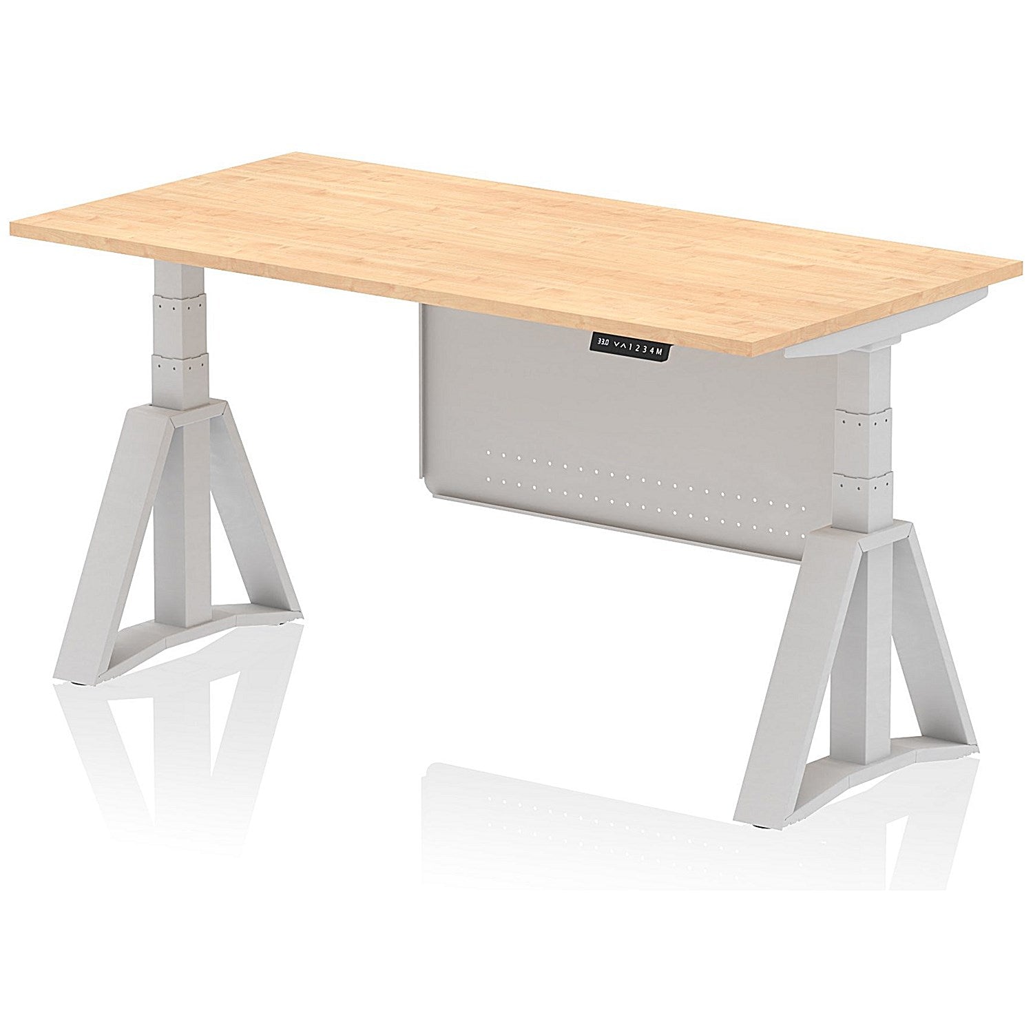 Air Modesty 1600mm Height Adjustable Desk, Silver Leg with Piste Foot and Modesty Panel, Maple Easy2Order : HA03431