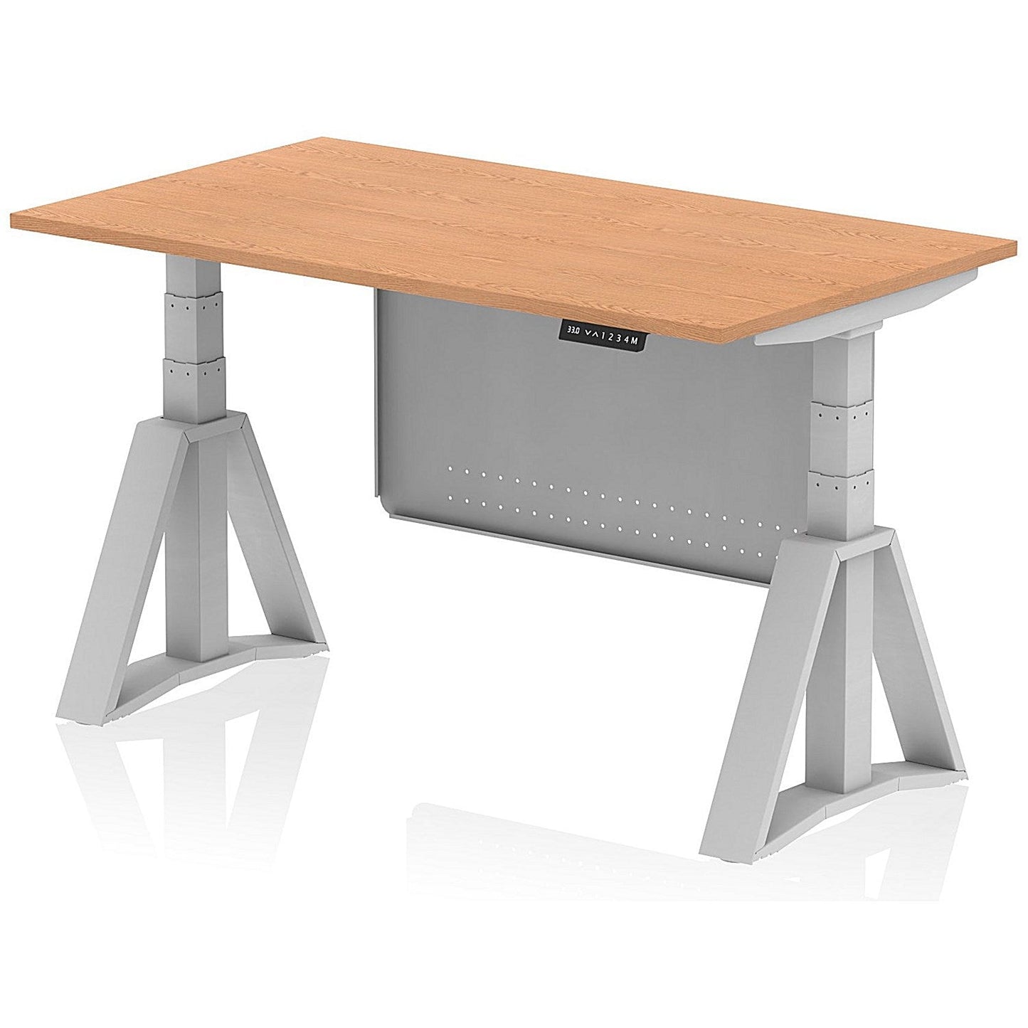 Air Modesty 1400mm Height Adjustable Desk, Silver Leg with Piste Foot and Modesty Panel, Oak Easy2Order : HA03434