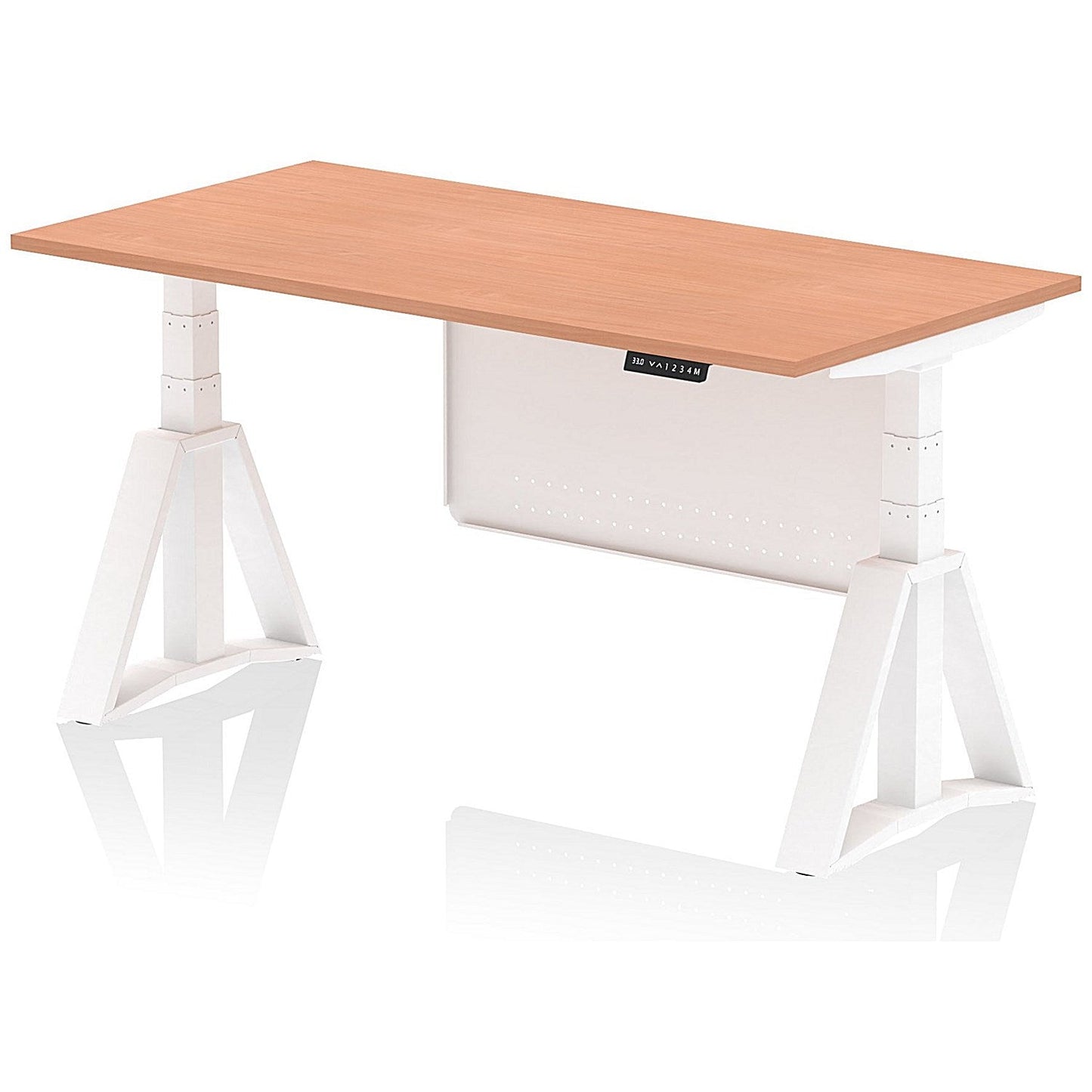 Air Modesty 1600mm Height Adjustable Desk, White Leg with Piste Foot and Modesty Panel, Beech Easy2Order : HA03439