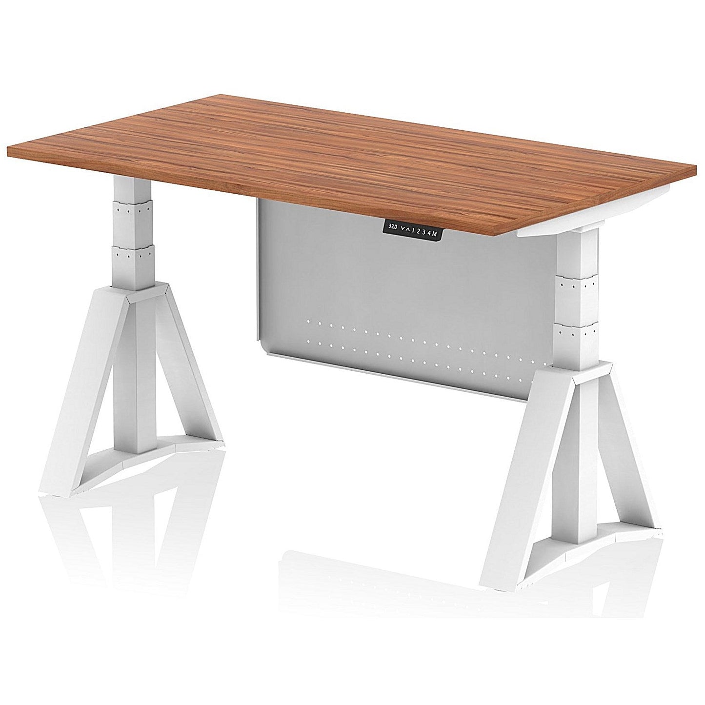 Air Modesty 1400mm Height Adjustable Desk, White Leg with Piste Foot and Modesty Panel, Walnut Easy2Order : HA03442