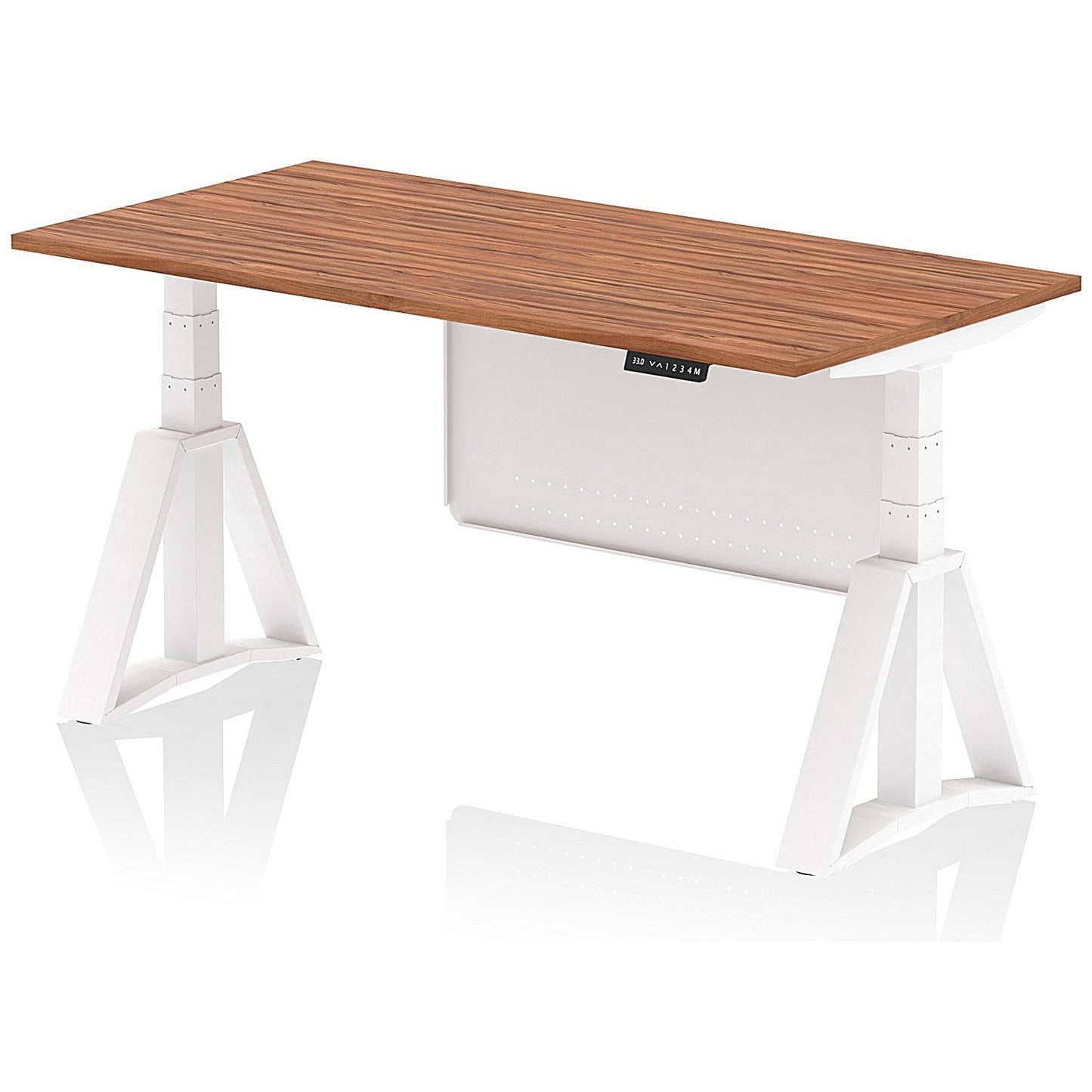 Air Modesty 1600mm Height Adjustable Desk, White Leg with Piste Foot and Modesty Panel, Walnut Easy2Order : HA03443