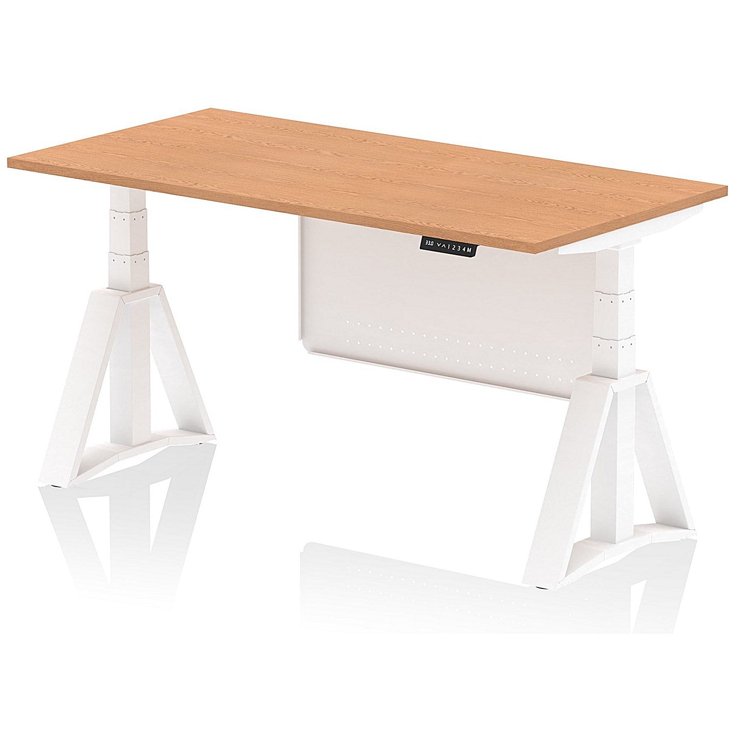Air Modesty 1600mm Height Adjustable Desk, White Leg with Piste Foot and Modesty Panel, Oak Easy2Order : HA03455