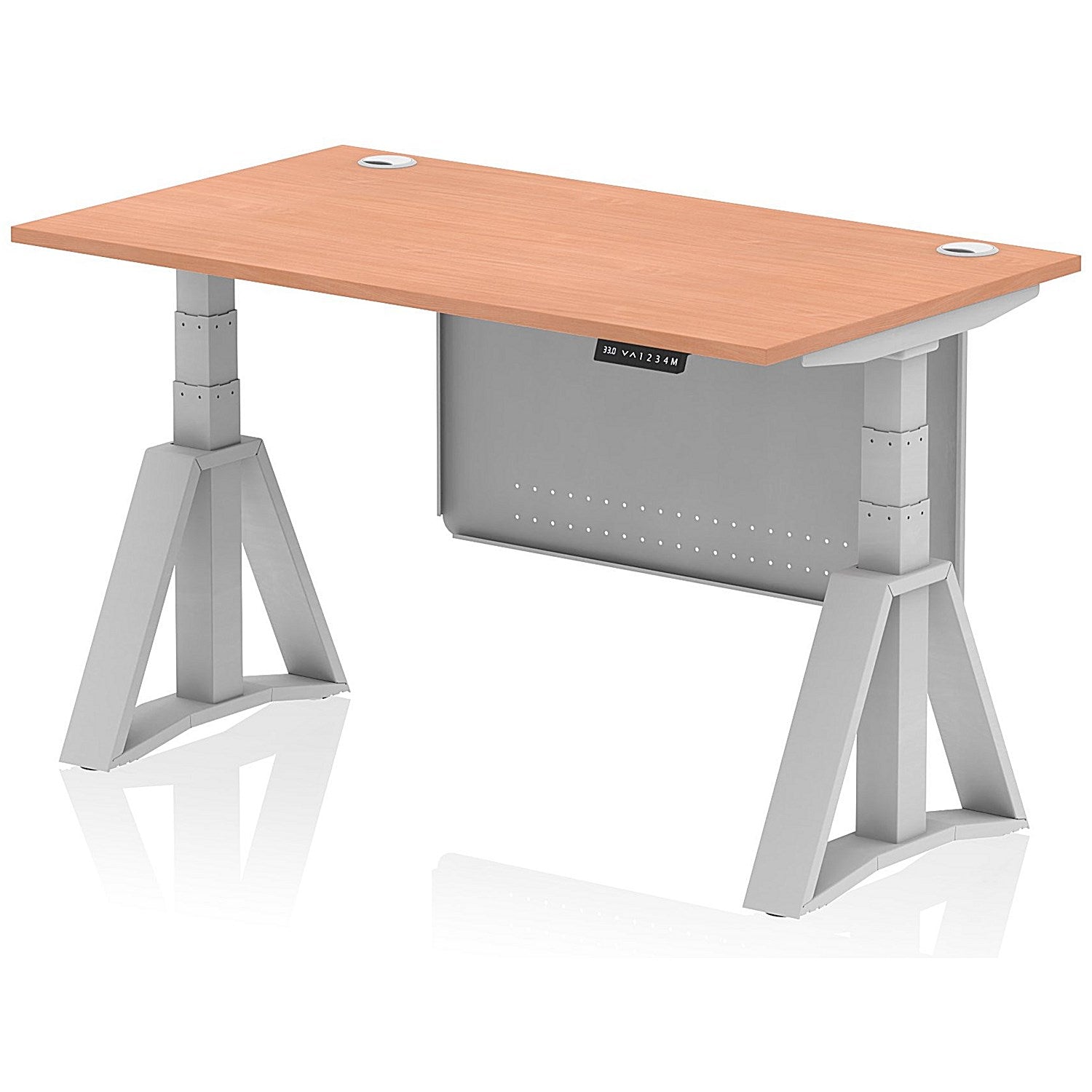Air Modesty 1400mm Height Adjustable Cable Port Desk, Silver Leg with Piste Foot and Modesty Panel, Beech Easy2Order : HA03458