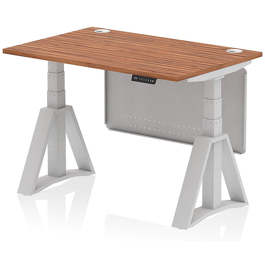 Air Modesty 1200mm Height Adjustable Cable Port Desk, Silver Leg with Piste Foot and Modesty Panel, Walnut Easy2Order : HA03461