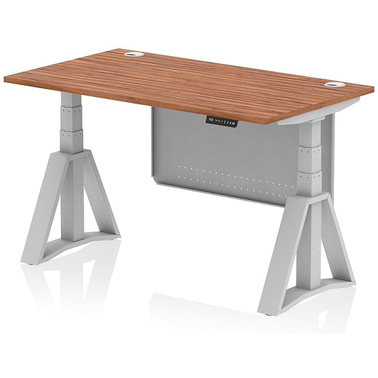 Air Modesty 1400mm Height Adjustable Cable Port Desk, Silver Leg with Piste Foot and Modesty Panel, Walnut Easy2Order : HA03462