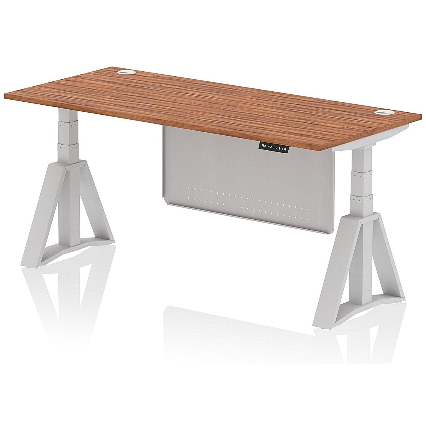 Air Modesty 1800mm Height Adjustable Cable Port Desk, Silver Leg with Piste Foot and Modesty Panel, Walnut Easy2Order : HA03464
