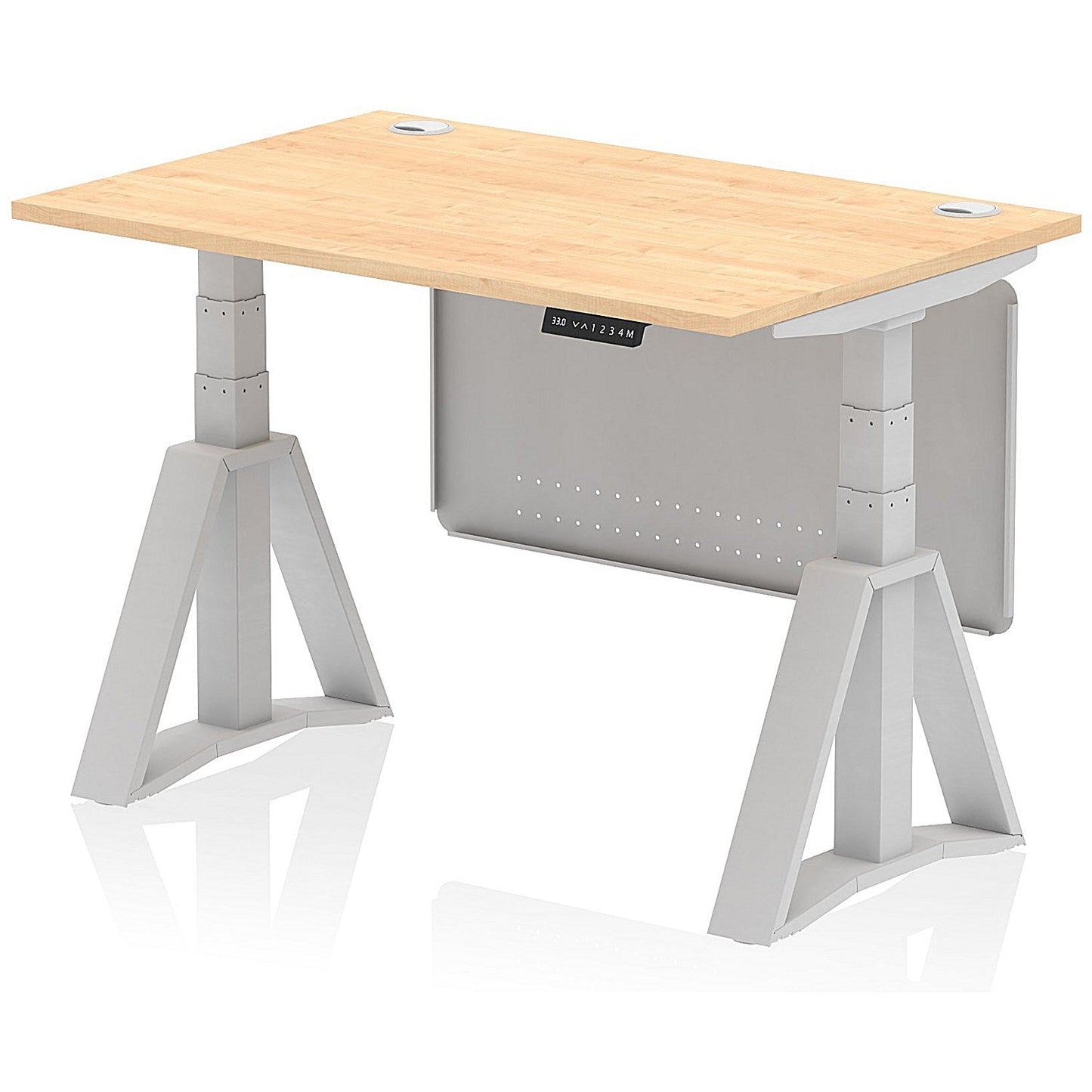 Air Modesty 1200mm Height Adjustable Cable Port Desk, Silver Leg with Piste Foot and Modesty Panel, Maple Easy2Order : HA03469