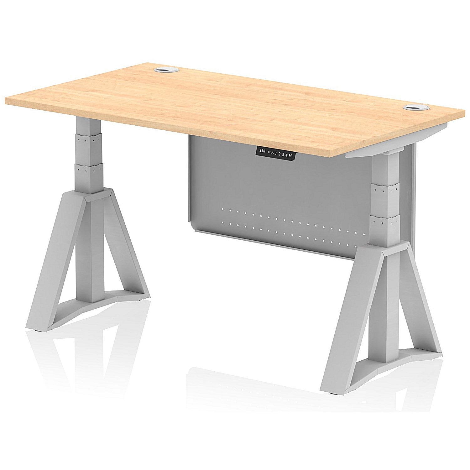 Air Modesty 1400mm Height Adjustable Cable Port Desk, Silver Leg with Piste Foot and Modesty Panel, Maple Easy2Order : HA03470