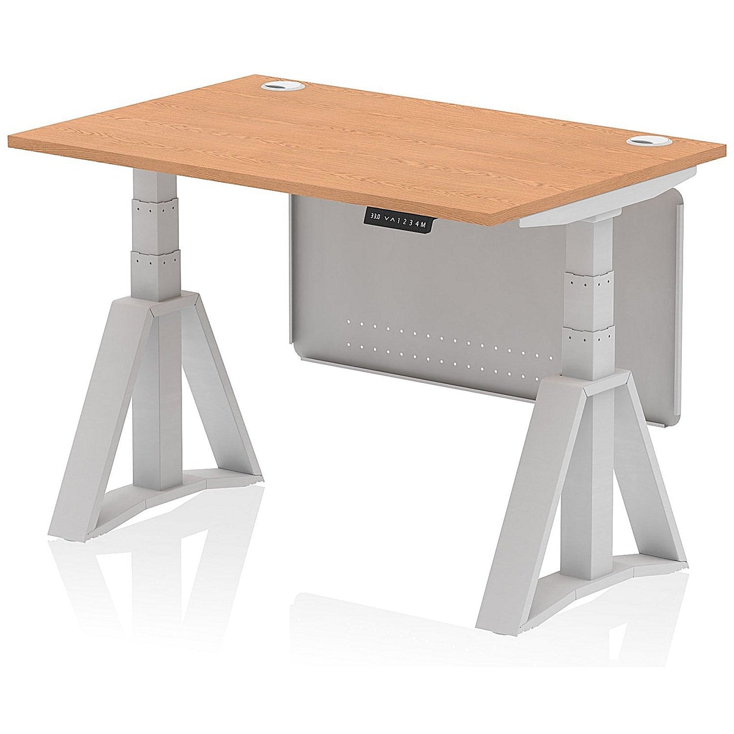 Air Modesty 1200mm Height Adjustable Cable Port Desk, Silver Leg with Piste Foot and Modesty Panel, Oak Easy2Order : HA03473