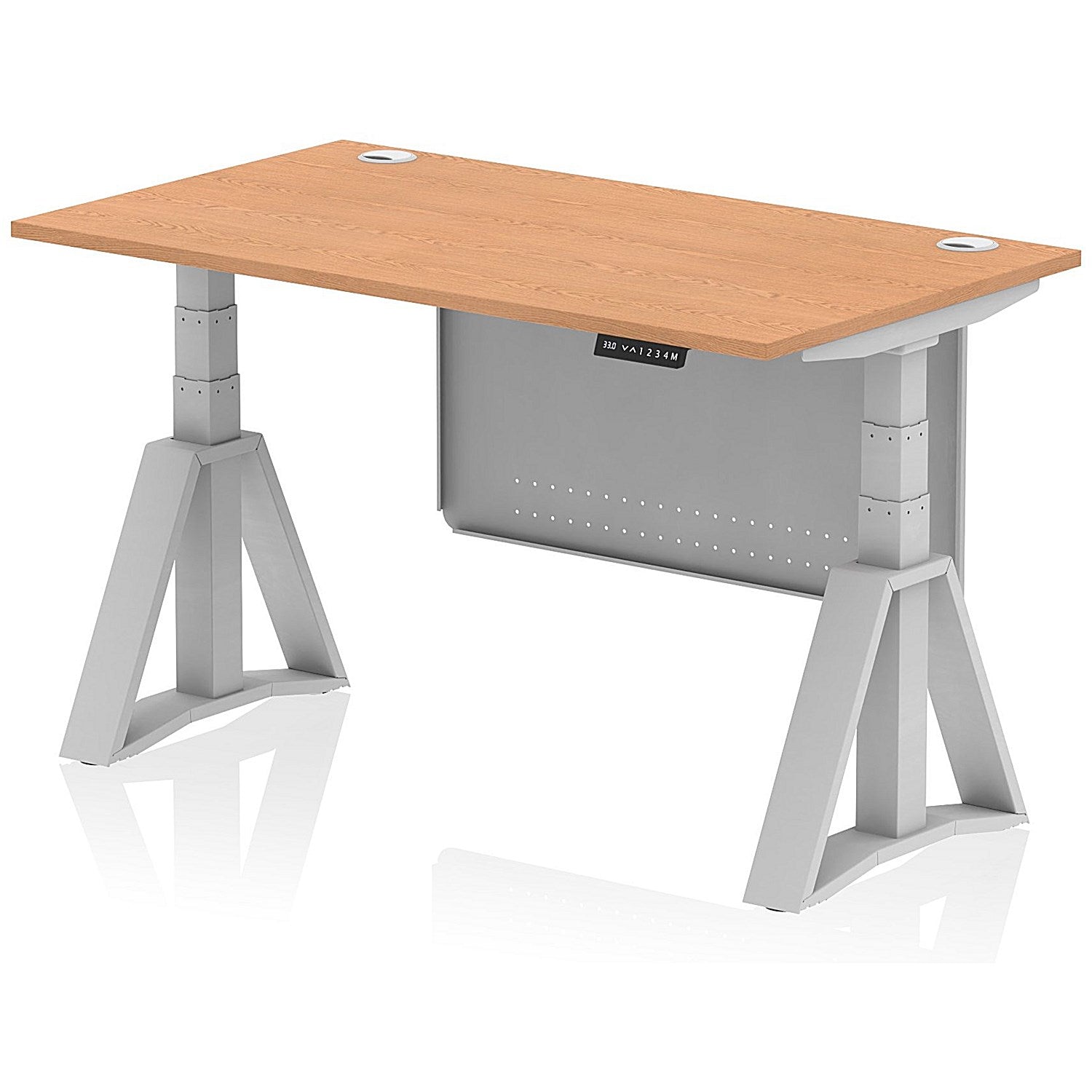 Air Modesty 1400mm Height Adjustable Cable Port Desk, Silver Leg with Piste Foot and Modesty Panel, Oak Easy2Order : HA03474