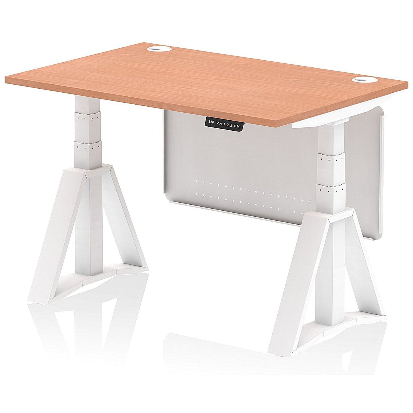 Air Modesty 1200mm Height Adjustable Cable Port Desk, White Leg with Piste Foot and Modesty Panel, Beech Easy2Order : HA03477