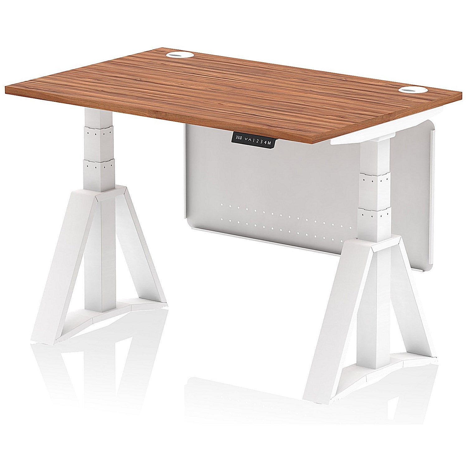 Air Modesty 1200mm Height Adjustable Cable Port Desk, White Leg with Piste Foot and Modesty Panel, Walnut Easy2Order : HA03481
