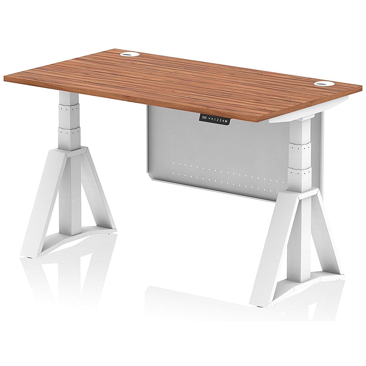 Air Modesty 1400mm Height Adjustable Cable Port Desk, White Leg with Piste Foot and Modesty Panel, Walnut Easy2Order : HA03482