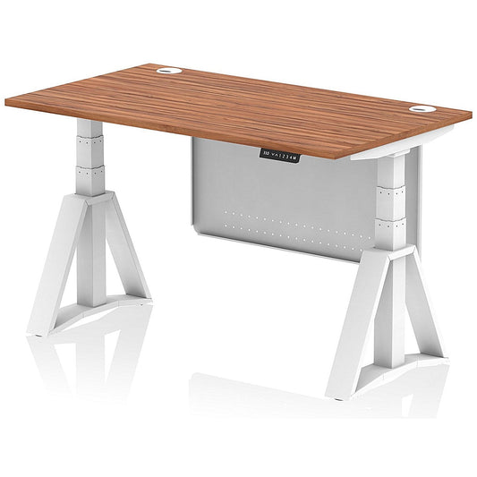 Air Modesty 1400mm Height Adjustable Cable Port Desk, White Leg with Piste Foot and Modesty Panel, Walnut Easy2Order : HA03482