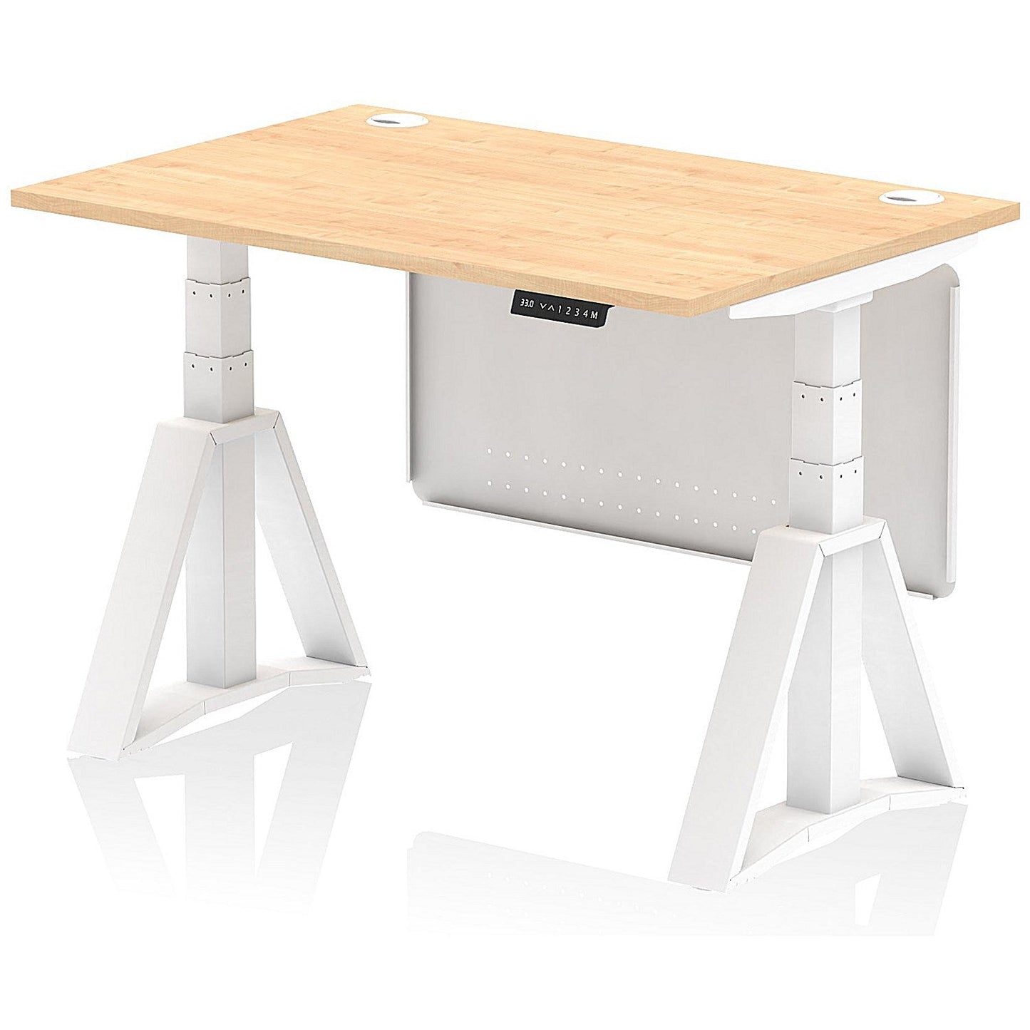 Air Modesty 1200mm Height Adjustable Cable Port Desk, White Leg with Piste Foot and Modesty Panel, Maple Easy2Order : HA03489