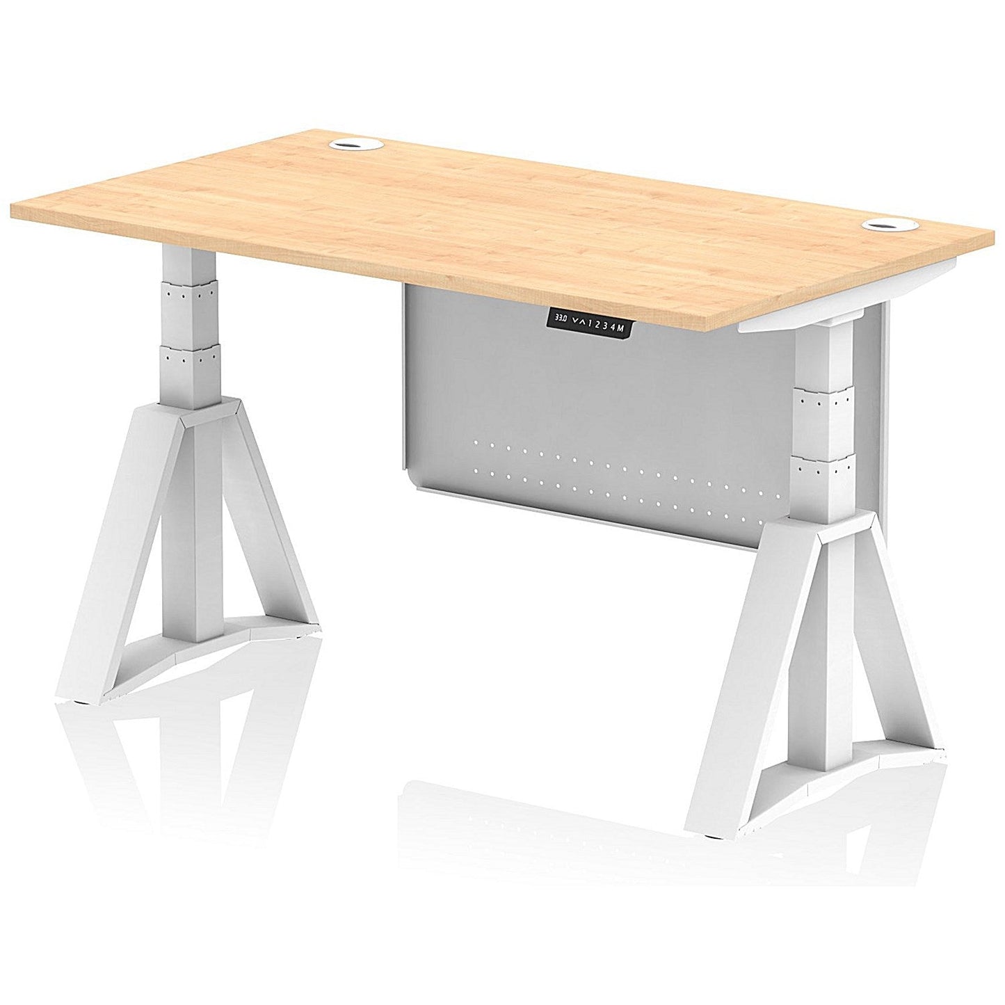 Air Modesty 1400mm Height Adjustable Cable Port Desk, White Leg with Piste Foot and Modesty Panel, Maple Easy2Order : HA03490