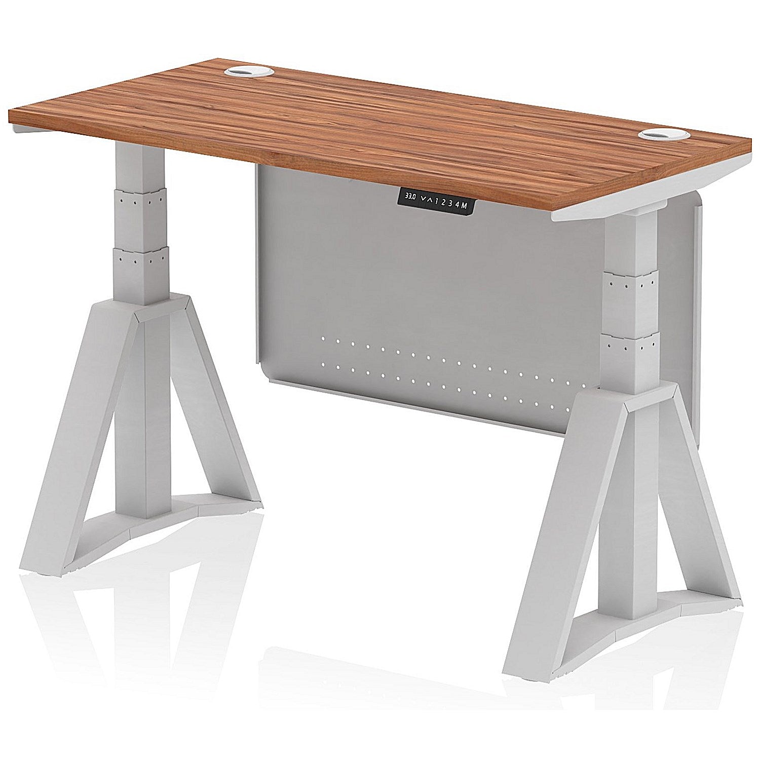 Air Modesty 1200mm Slim Height Adjustable Cable Ports Desk, Silver Leg and Modesty Panel, Walnut Easy2Order : HA03501