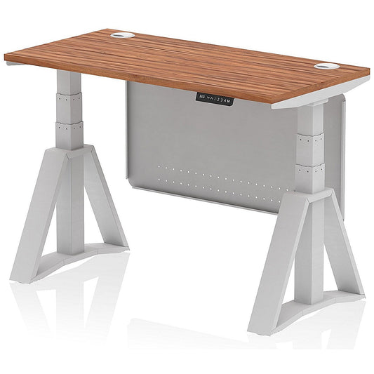 Air Modesty 1200mm Slim Height Adjustable Cable Ports Desk, Silver Leg and Modesty Panel, Walnut Easy2Order : HA03501