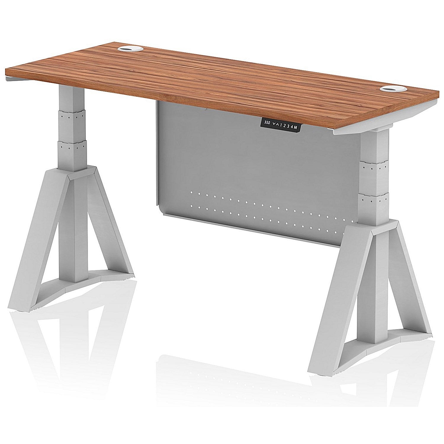 Air Modesty 1400mm Slim Height Adjustable Cable Ports Desk, Silver Leg and Modesty Panel, Walnut Easy2Order : HA03502
