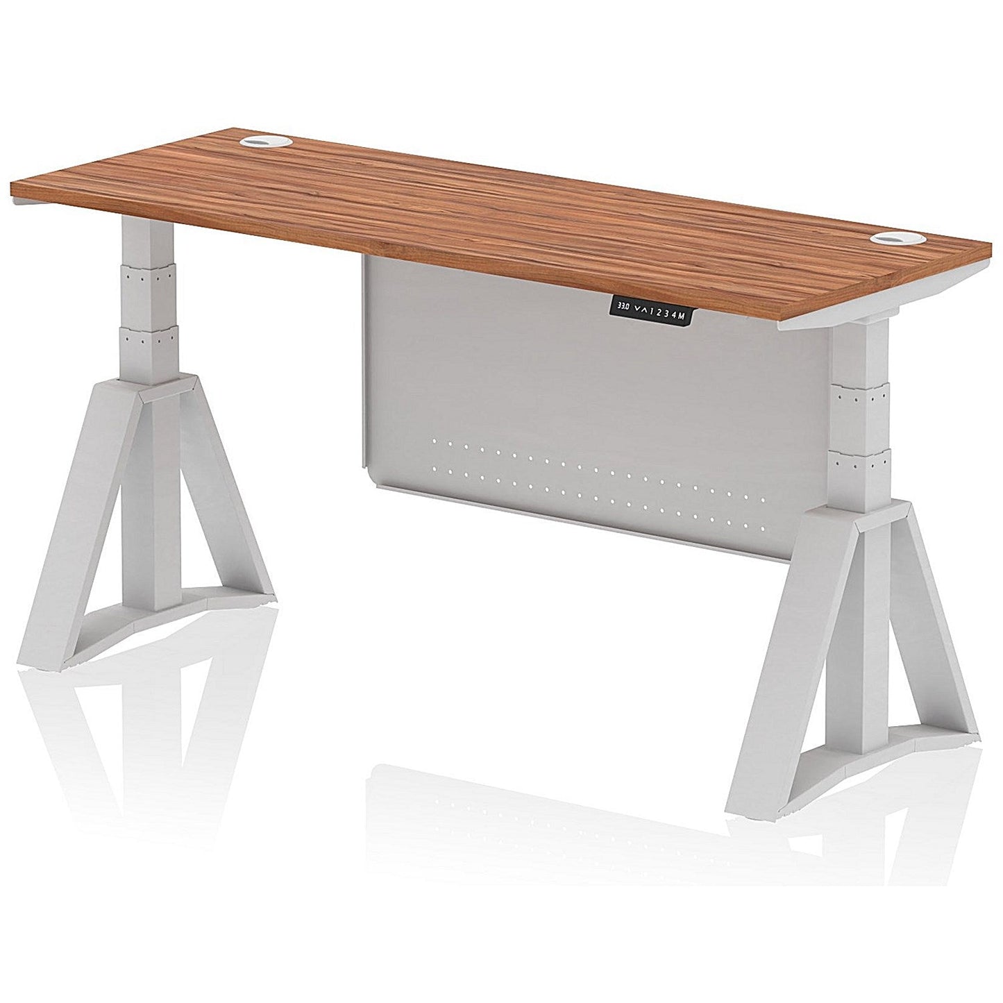 Air Modesty 1600mm Slim Height Adjustable Cable Ports Desk, Silver Leg and Modesty Panel, Walnut Easy2Order : HA03503