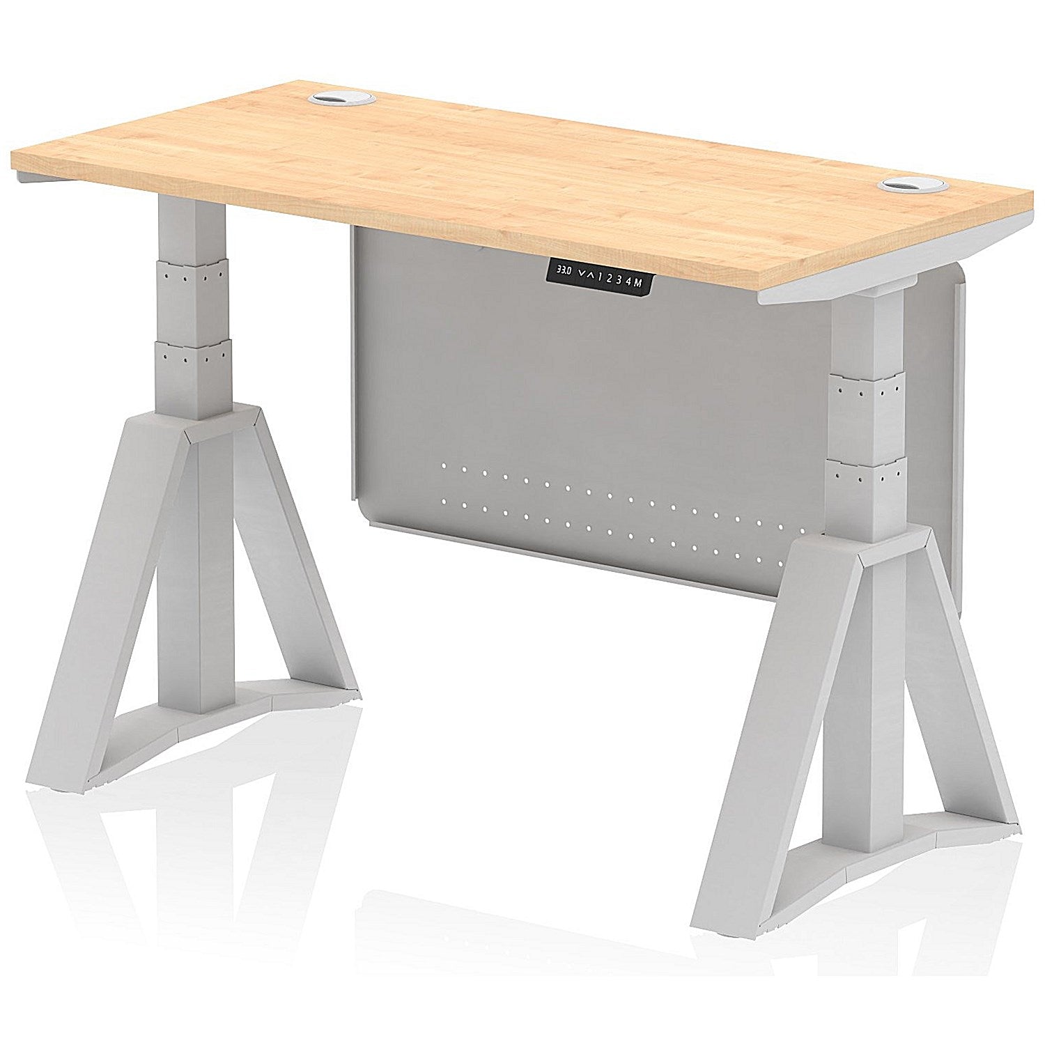 Air Modesty 1200mm Slim Height Adjustable Cable Ports Desk, Silver Leg and Modesty Panel, Maple Easy2Order : HA03509