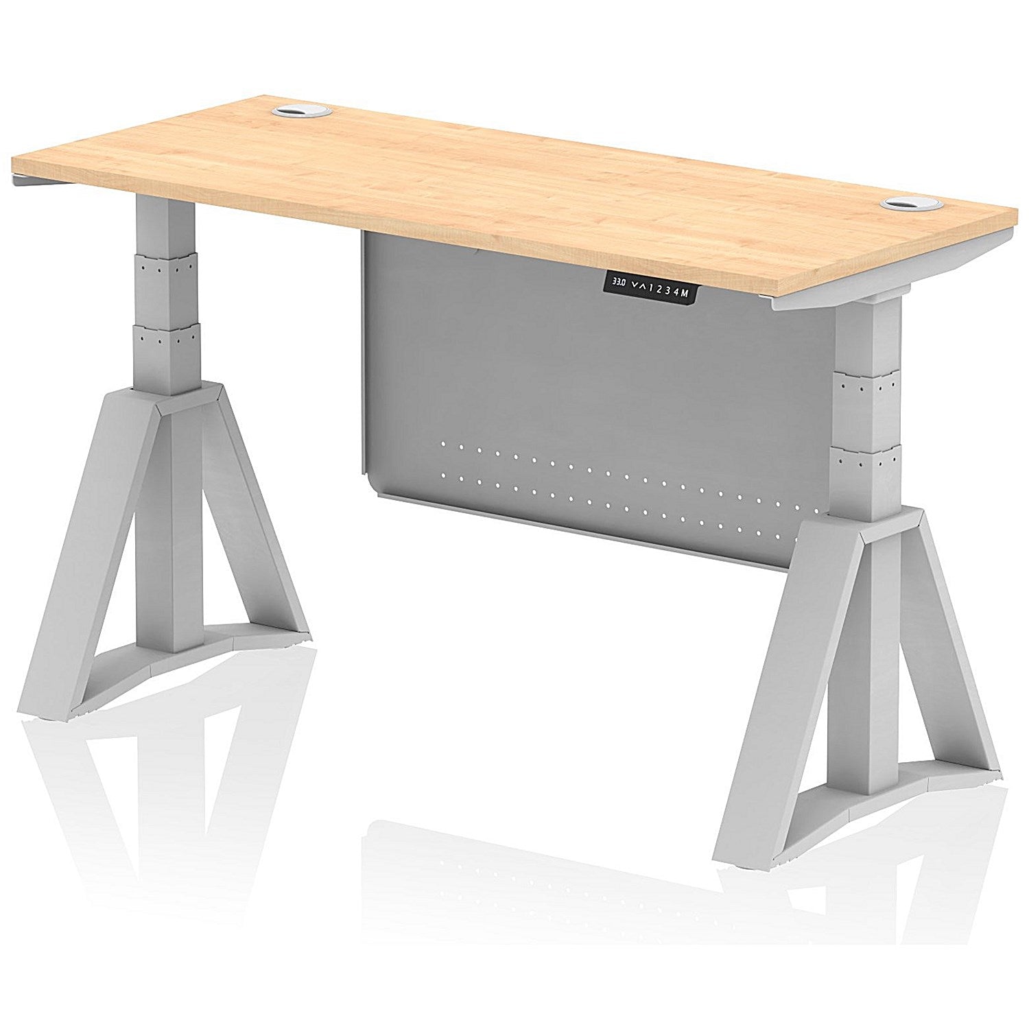 Air Modesty 1400mm Slim Height Adjustable Cable Ports Desk, Silver Leg and Modesty Panel, Maple Easy2Order : HA03510