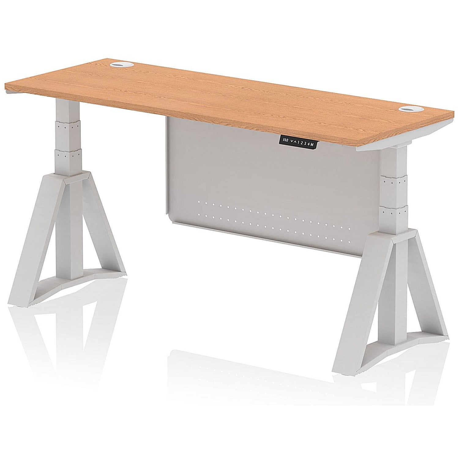 Air Modesty 1600mm Slim Height Adjustable Cable Ports Desk, Silver Leg and Modesty Panel, Oak Easy2Order : HA03515