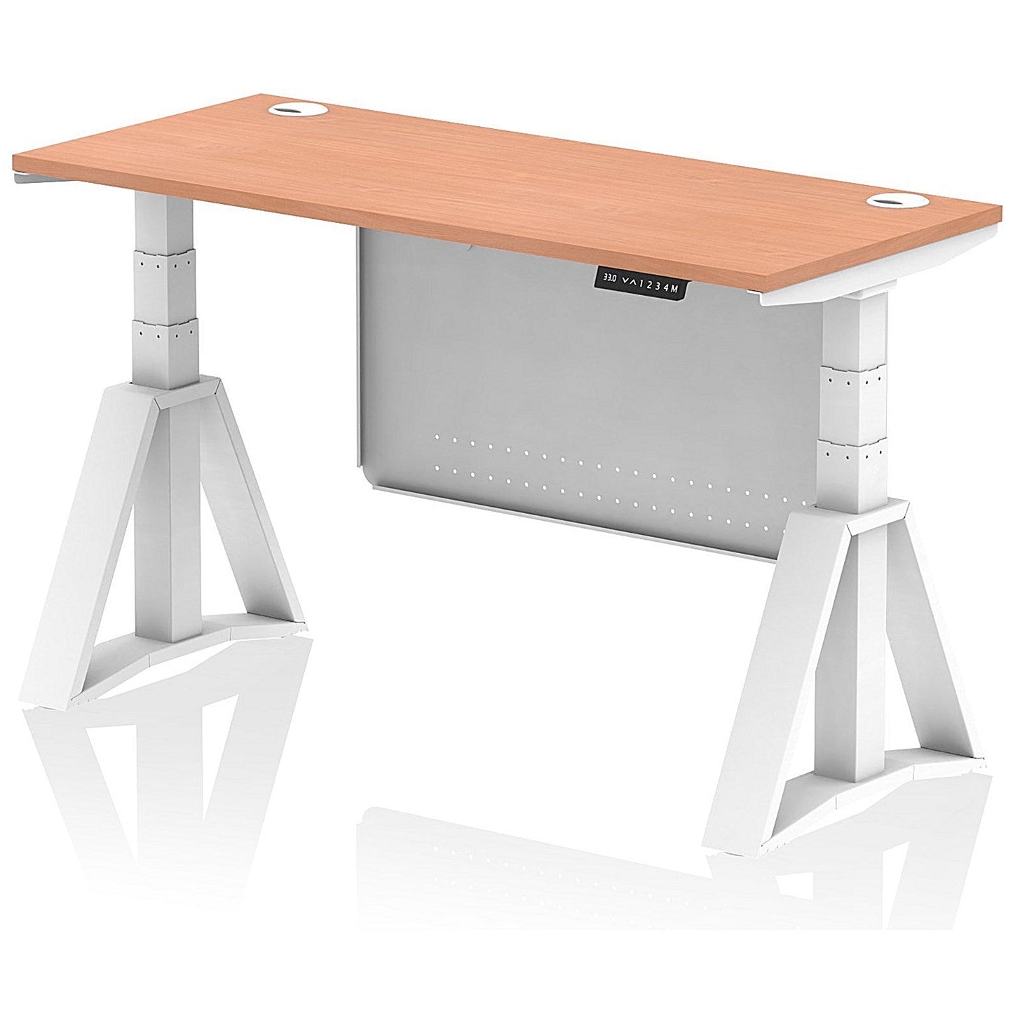 Air Modesty 1400mm Slim Height Adjustable Cable Ports Desk, White Leg and Modesty Panel, Beech Easy2Order : HA03518
