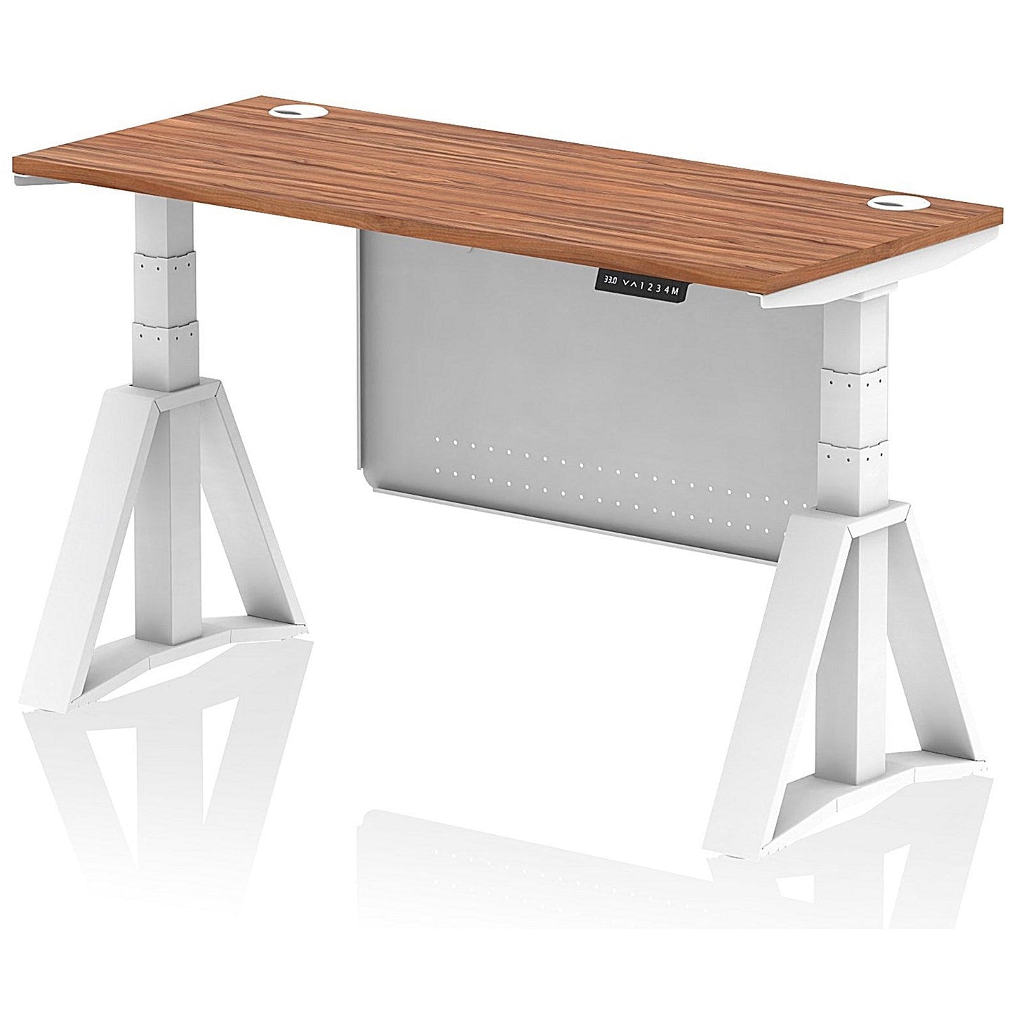 Air Modesty 1400mm Slim Height Adjustable Cable Ports Desk, White Leg and Modesty Panel, Walnut Easy2Order : HA03522