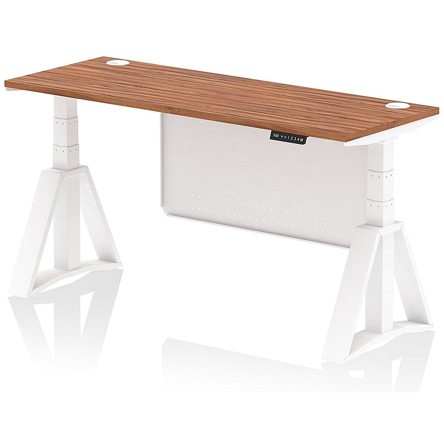 Air Modesty 1600mm Slim Height Adjustable Cable Ports Desk, White Leg and Modesty Panel, Walnut Easy2Order : HA03523