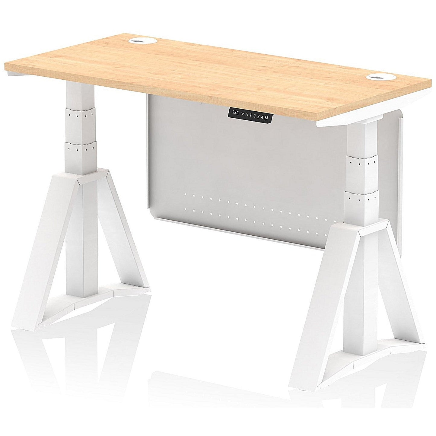 Air Modesty 1200mm Slim Height Adjustable Cable Ports Desk, White Leg and Modesty Panel, Maple Easy2Order : HA03529