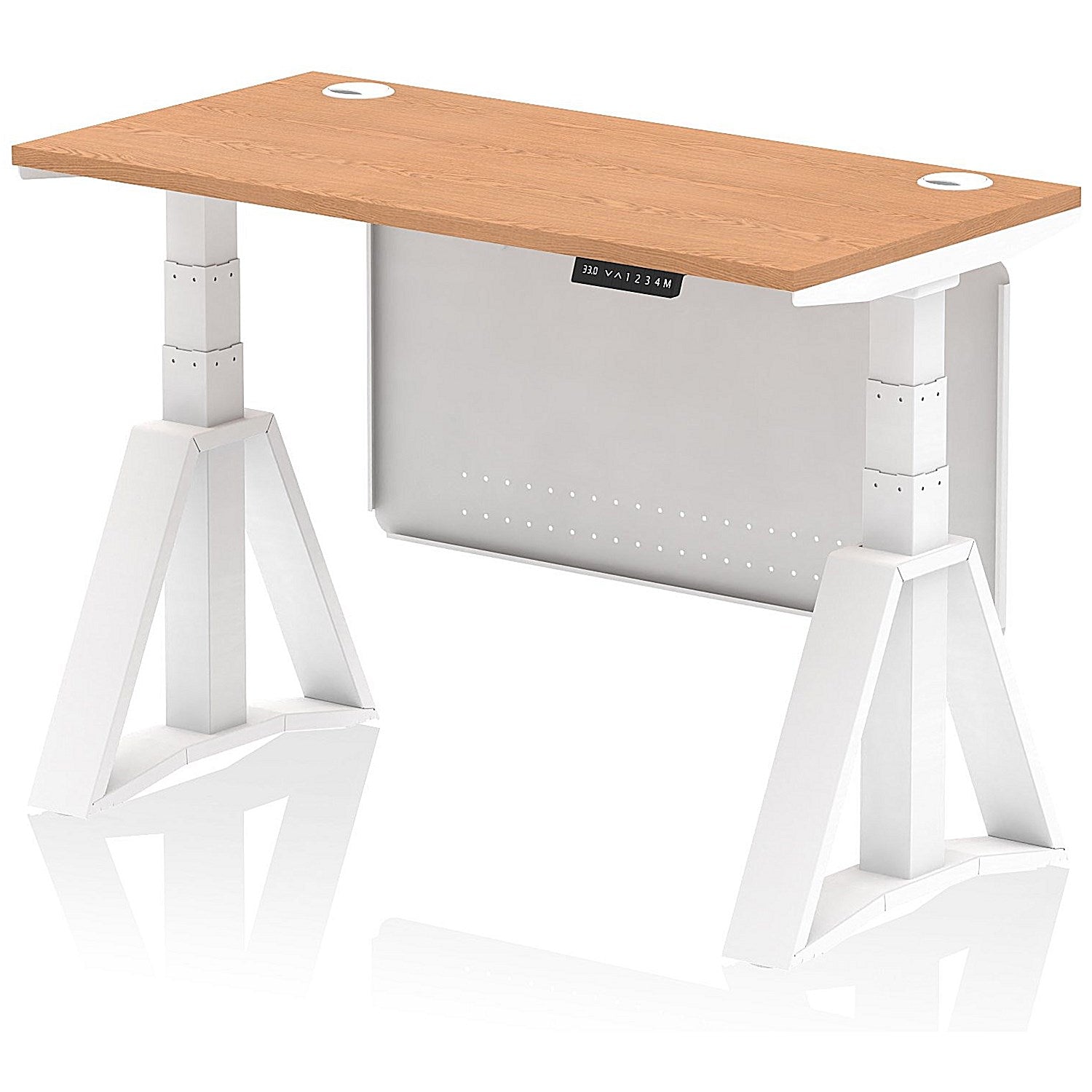 Air Modesty 1200mm Slim Height Adjustable Cable Ports Desk, White Leg and Modesty Panel, Oak Easy2Order : HA03533