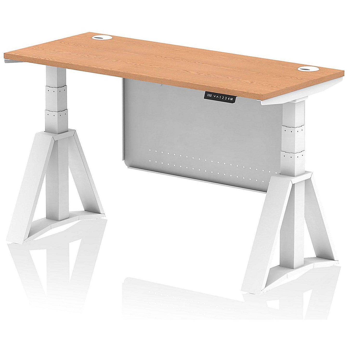 Air Modesty 1400mm Slim Height Adjustable Cable Ports Desk, White Leg and Modesty Panel, Oak Easy2Order : HA03534