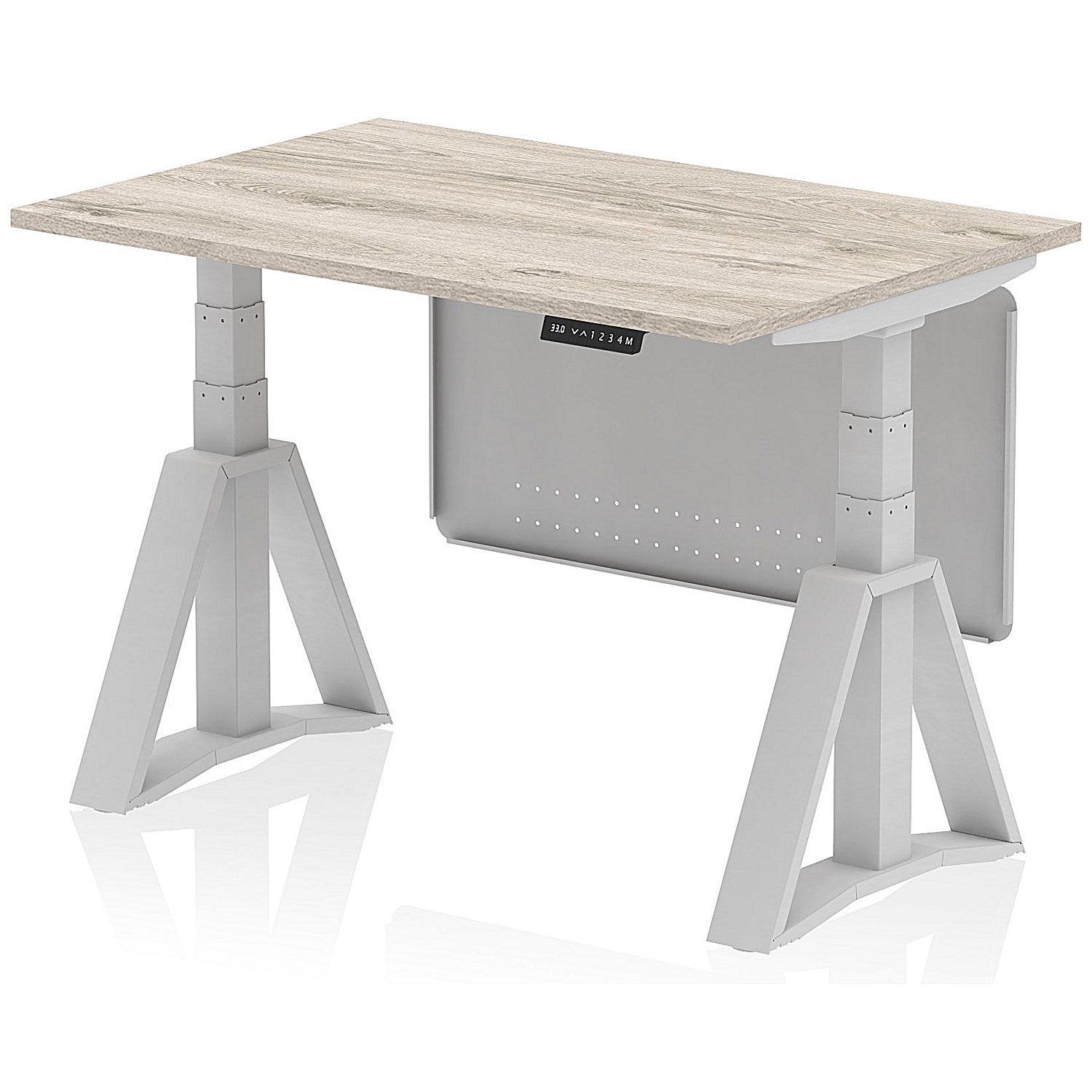 Air Modesty 1200mm Height Adjustable Desk, Silver Leg with Piste Foot and Modesty Panel, Grey Oak Easy2Order : HA03537