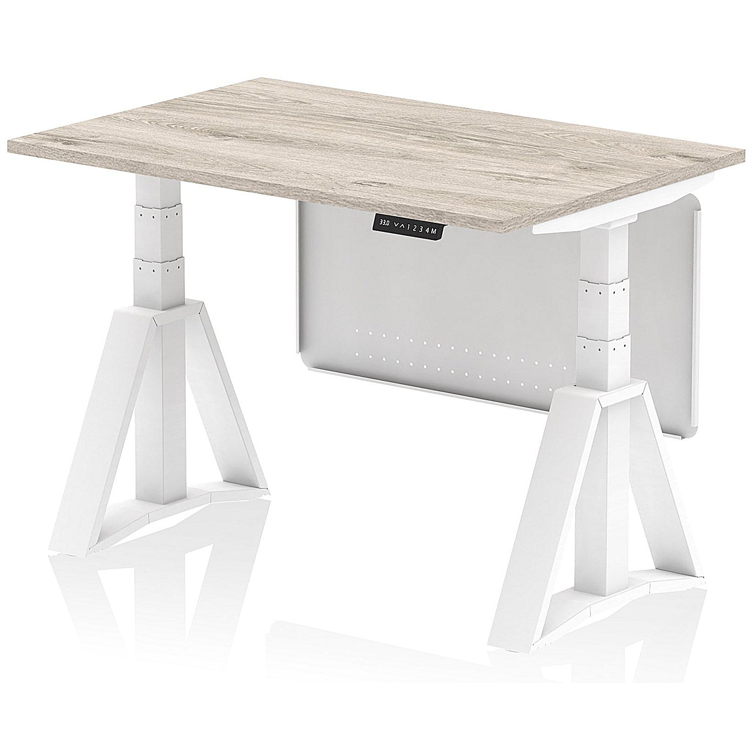 Air Modesty 1200mm Height Adjustable Desk, White Leg with Piste Foot and Modesty Panel, Grey Oak Easy2Order : HA03538