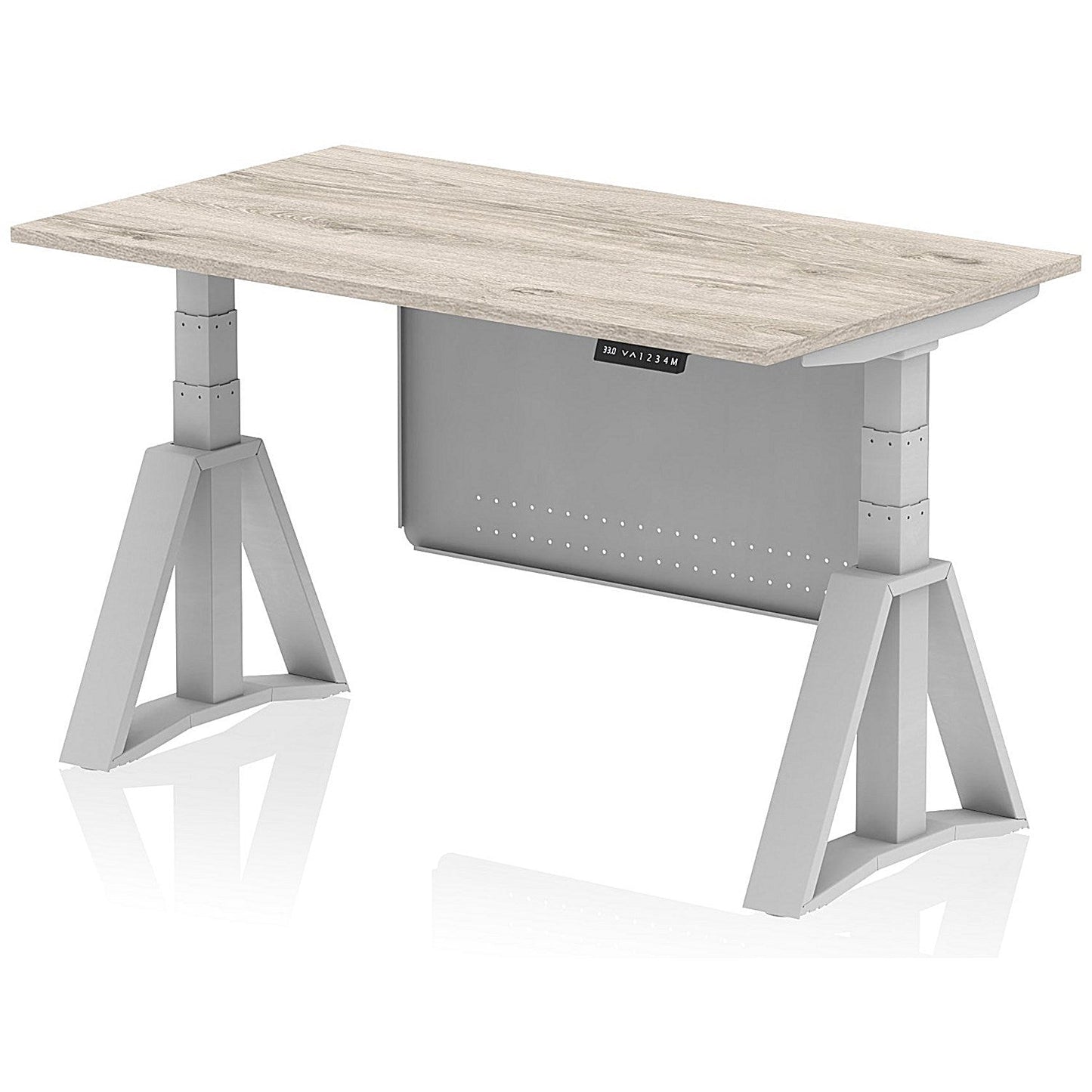 Air Modesty 1400mm Height Adjustable Desk, Silver Leg with Piste Foot and Modesty Panel, Grey Oak Easy2Order : HA03539