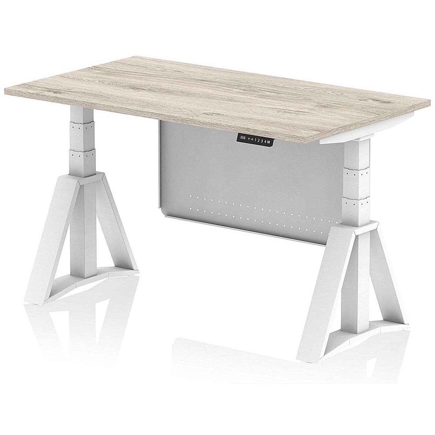 Air Modesty 1400mm Height Adjustable Desk, White Leg with Piste Foot and Modesty Panel, Grey Oak Easy2Order : HA03540