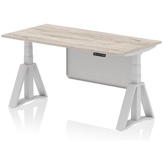Air Modesty 1600mm Height Adjustable Desk, Silver Leg with Piste Foot and Modesty Panel, Grey Oak Easy2Order : HA03541