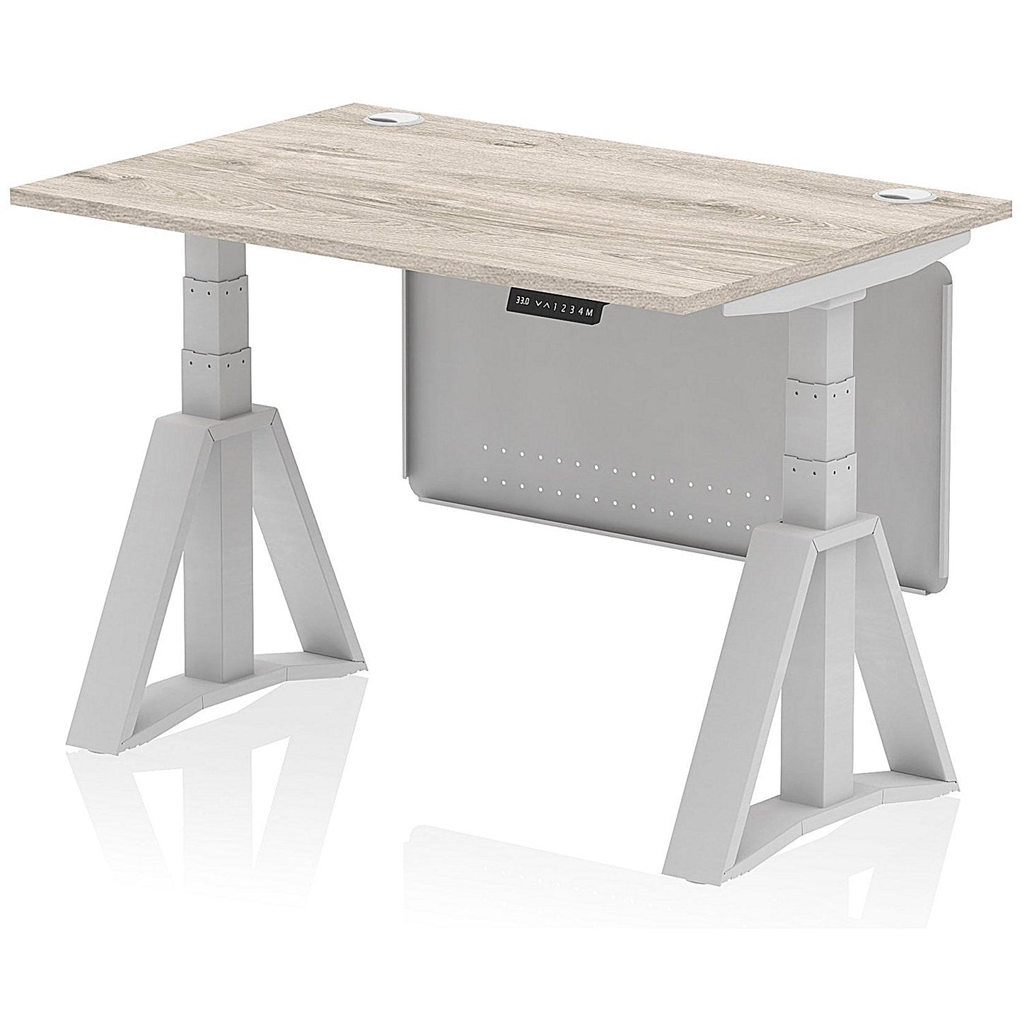 Air Modesty 1200mm Height Adjustable Cable Port Desk, Silver Leg with Piste Foot and Modesty Panel, Grey Oak Easy2Order : HA03545